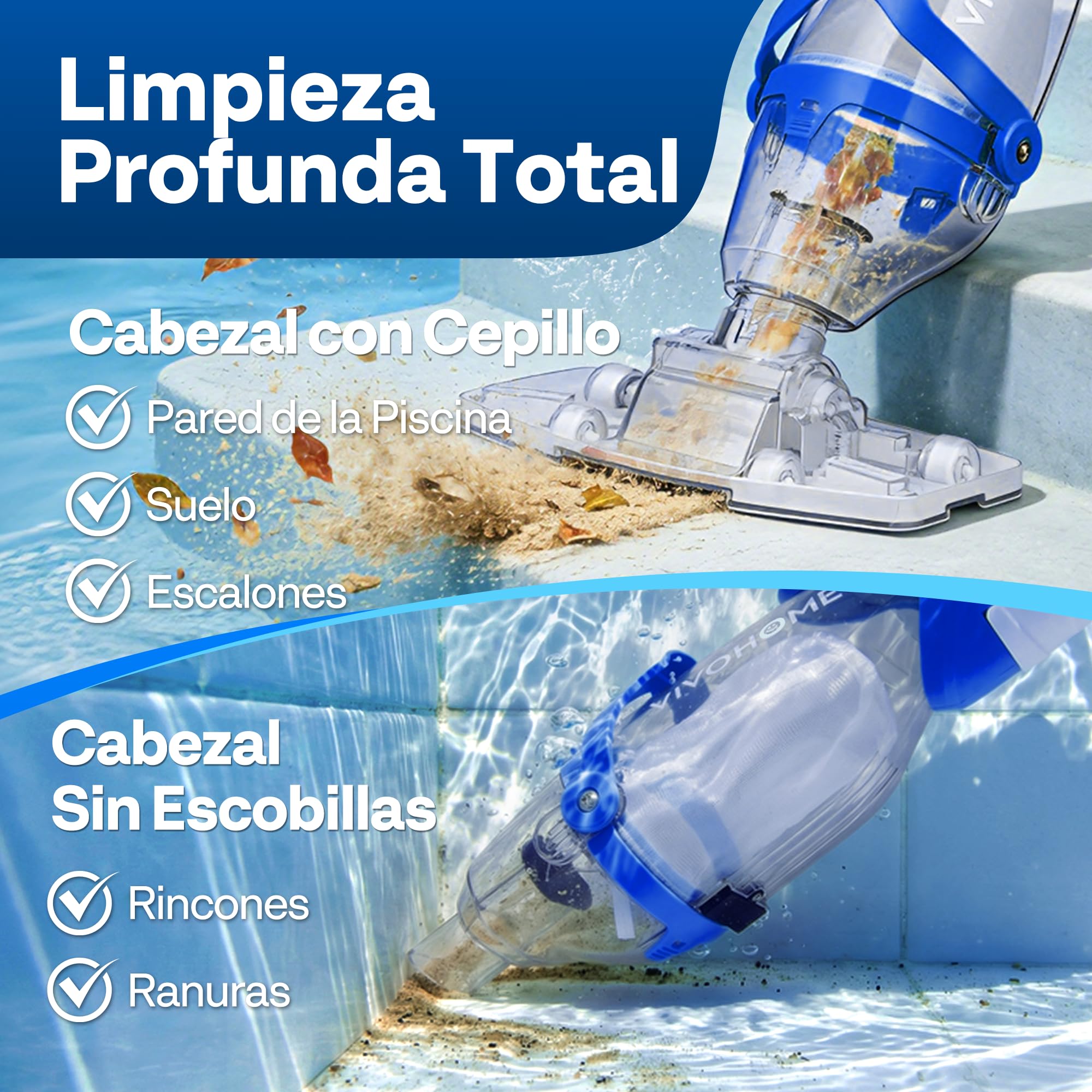 VIVOHOME 72LPM Limpiador Portátil para Piscina con Pértigas Telescópicas Aspirador de Piscina Autónomo de 75 Minutos Ideal para Piscinas Elevadas y Enterradas, Spas y Jacuzzis