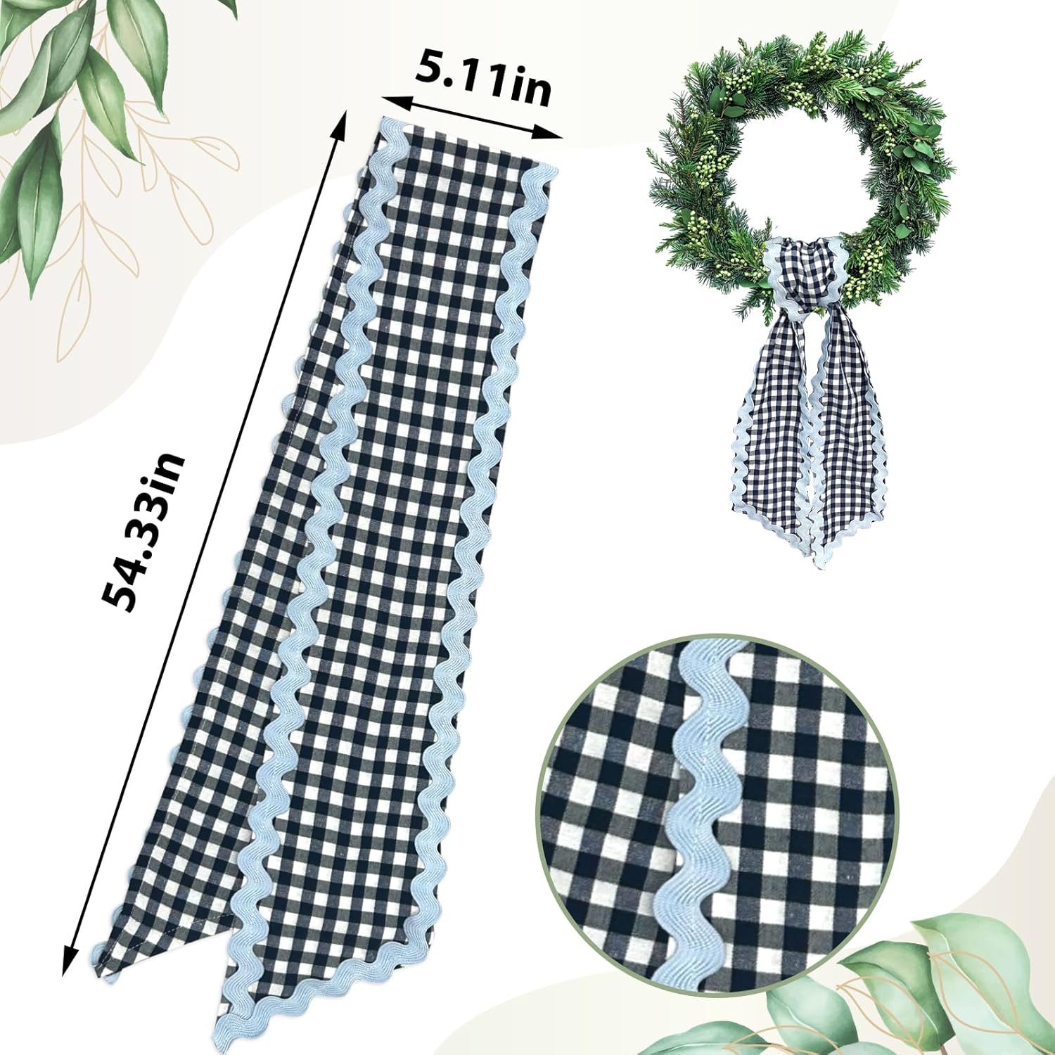 Wreath Sash for Front Door Black White Buffalo Plaid Cotton Wreath Satin Sash Garland Ribbon Accessories for Wreaths Yard Doorway Indoor Outdoor Bow Bridal Shower Home Decor,5.11 x 54.33 - Image 2