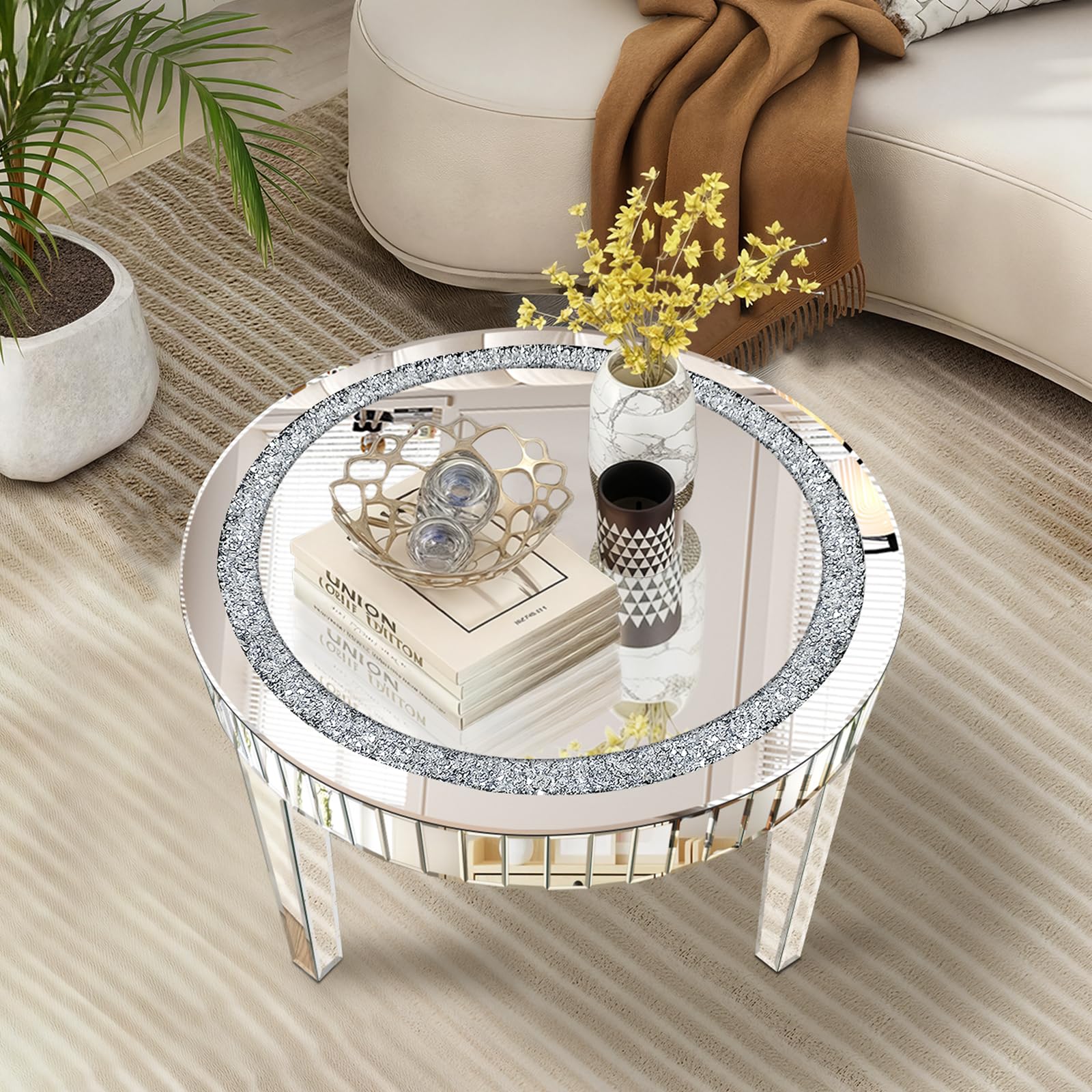 Jesantab Silver Mirrored Coffee Table with Crystal Inlay Round Glass Tea Table with Mirrored Finish Modern Center Table