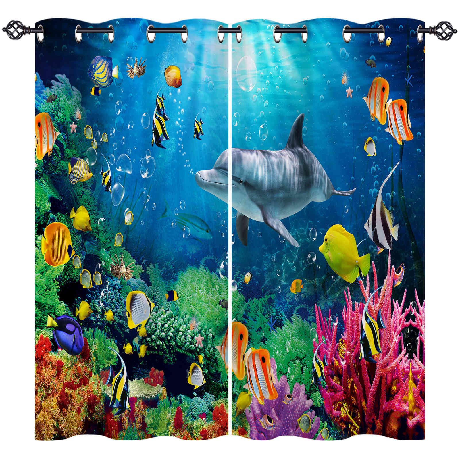 ANHOPE Underwater Curtains Eyelet 80% Blackout Room Darkening Curtains with Ocean Fish Dolphin Coral Print Pattern Light Blocking Window Drapes for Kids Bedroom Living Room 55 x 69 Inch Drop 2 Panels โ image 1