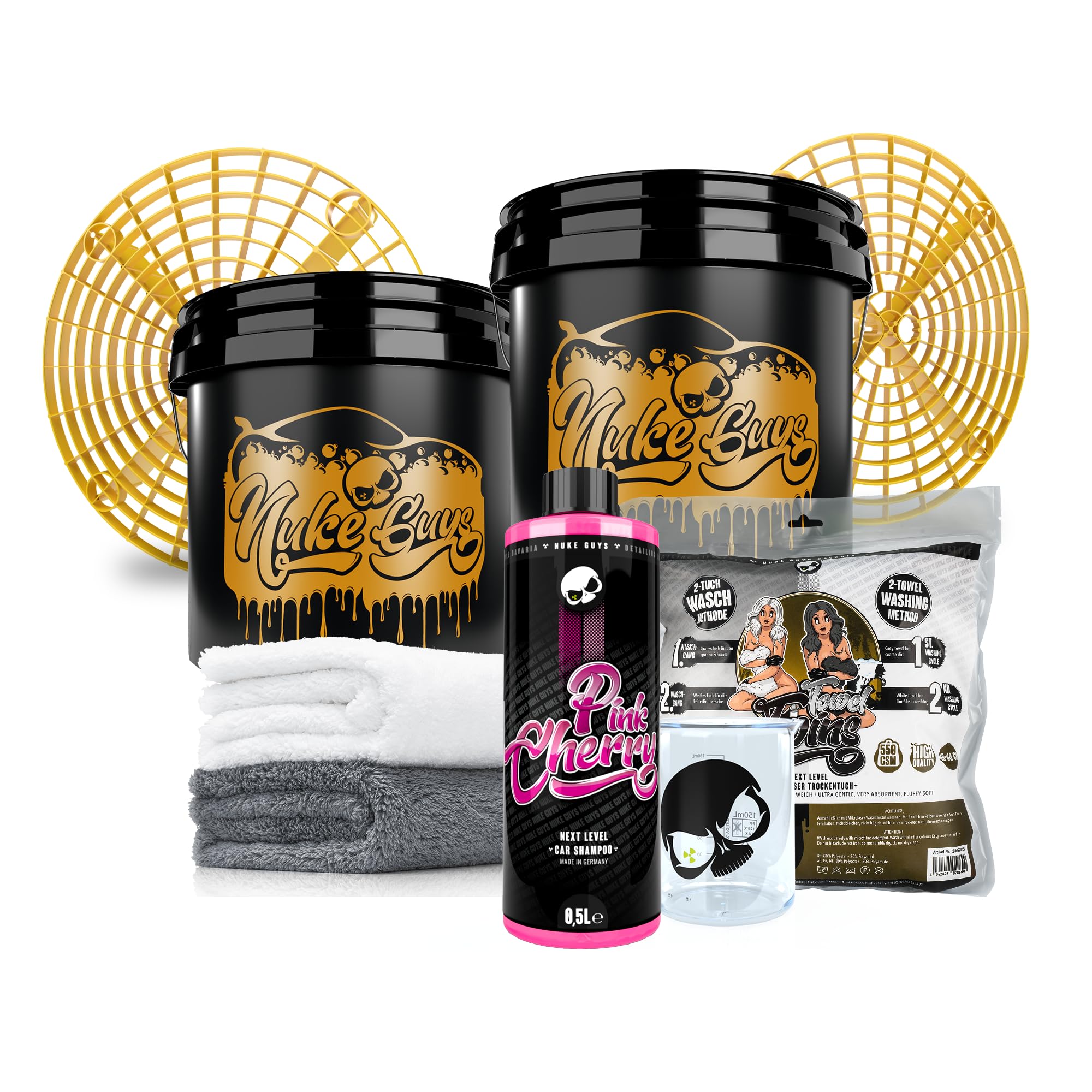 Nuke Guys Juego de 2 cubos de lavado para el cuidado del coche: champú para coche Pink Cherry, 500 ml + 2 cubos de lavado GritGuard Used Look Edition 3,5 GAL + 2 piezas de limpieza Grit Guard + paños