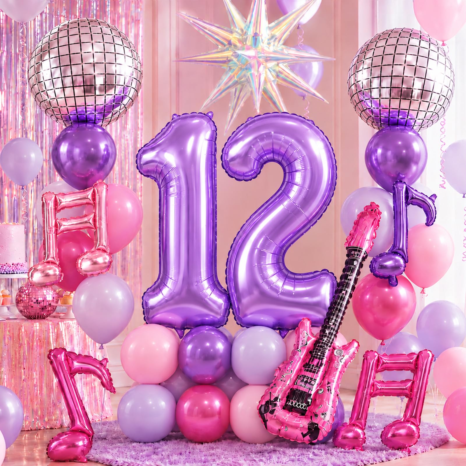 12th Kpop Birthday Decorations Girls, Purple Pink 40 Inch Number 12 Balloon