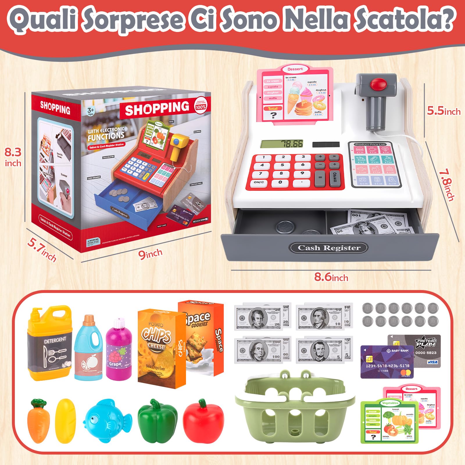JONRRYIN Cassa Giocattolo in Legno per Bambini, Registratore di Cassa Giocattolo con Scanner e Suoni, Vera Calcolatrice, Soldi Finti, Carrello e Cibo, Cassa Supermercato per 3 4 5 6 Anni (Bianco)