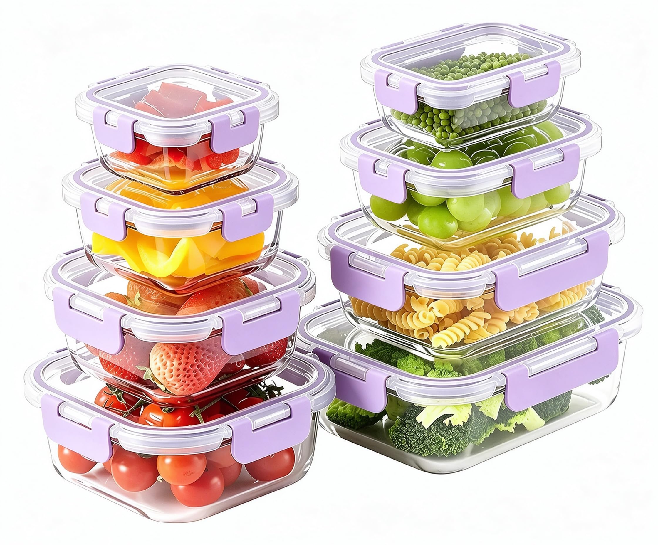 HOMBERKING 8 Pack Glass Food Storage Containers with Snap Locking Lids