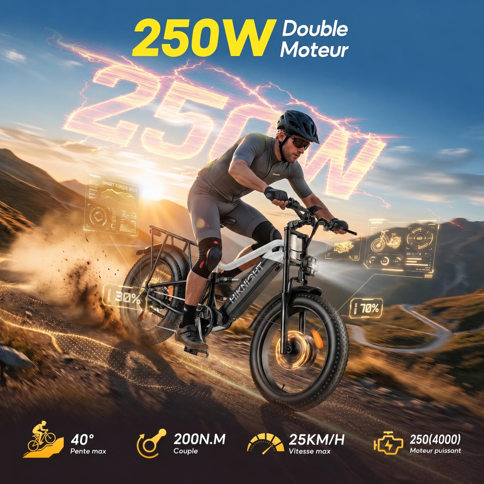 Fat Bike Électrique Adulte 24×4,0", VTT Électrique Tout-Terrain, Double Moteur 250W, Couple 200 N.m, Batterie Amovible 52V 20Ah, Autonomie jusqu’à 130 km, Double Suspension, Freins Hydrauliques