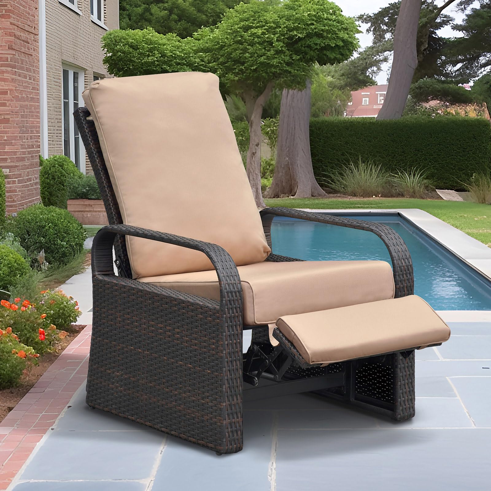 ATR ART TO REAL Reclining Garden Chair with Aluminium Frame,3 Adjustable Position Backrest Garden Sun Loungers Rattan Recliner Armchair,15cm Thickness Cushion,Grey Wicker+Beige Cushion