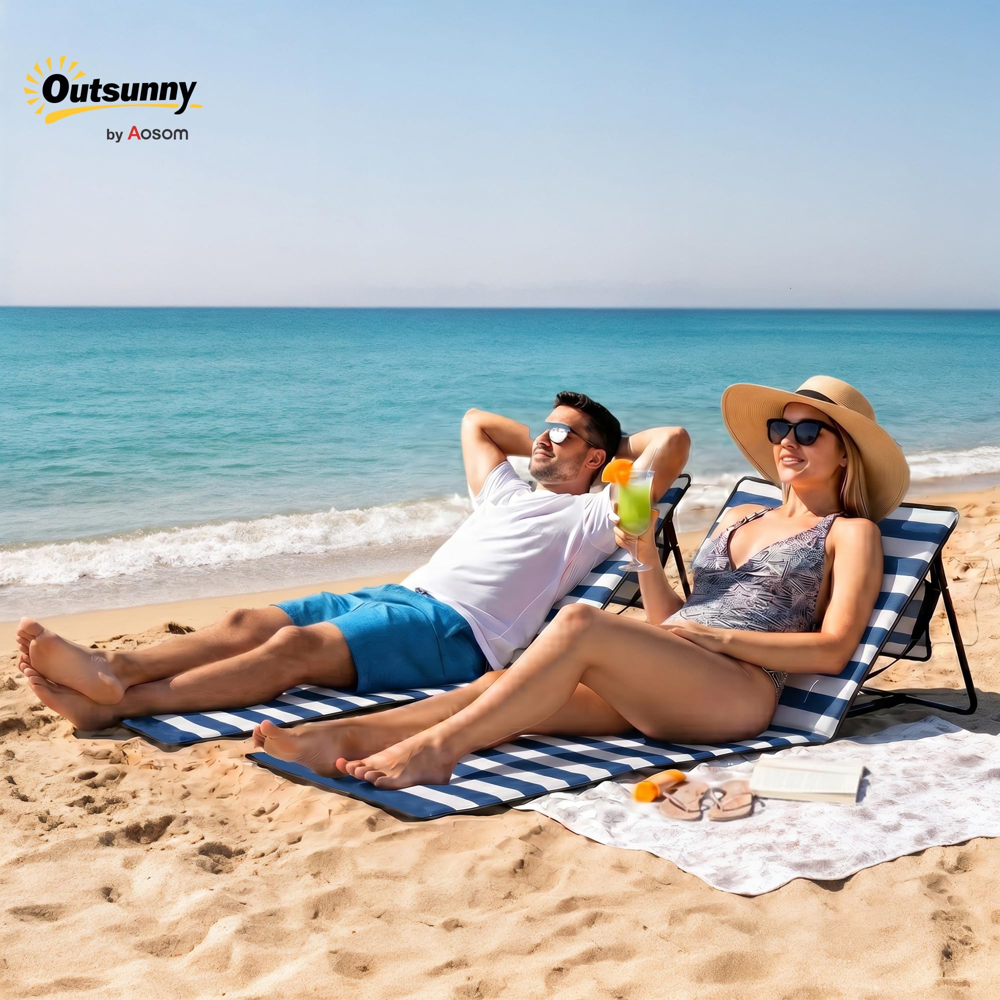 Outsunny Lot de 2 Tapis de Plage rembourré - Matelas de Plage - Dossier inclinable Multi-Positions - Sangle de Transport Inclus - métal Polyester Blanc et Bleu