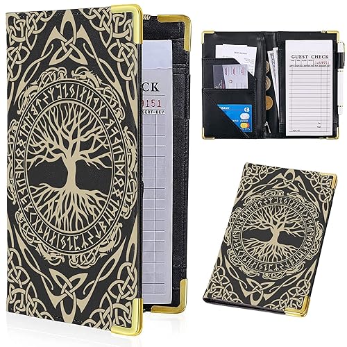 Libro de camarera, libros de servidor de árbol vikingos para camarera con bolsillo con cremallera, libro de servidor de cuero, soporte de recibos de
