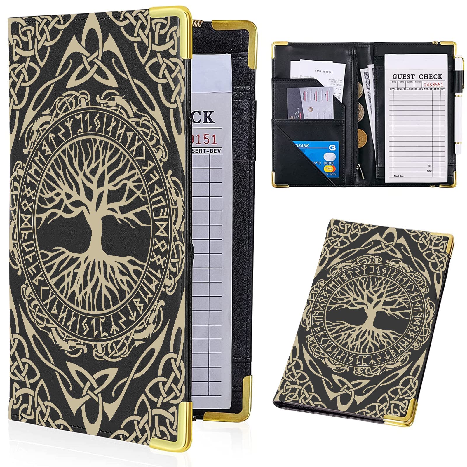 Waitress Book, Vikings Tree Server Books for Waitress with Zipper Pocket, Leather Server Book, Cash Check Bill Receipt Holder Presenter, Guest Book