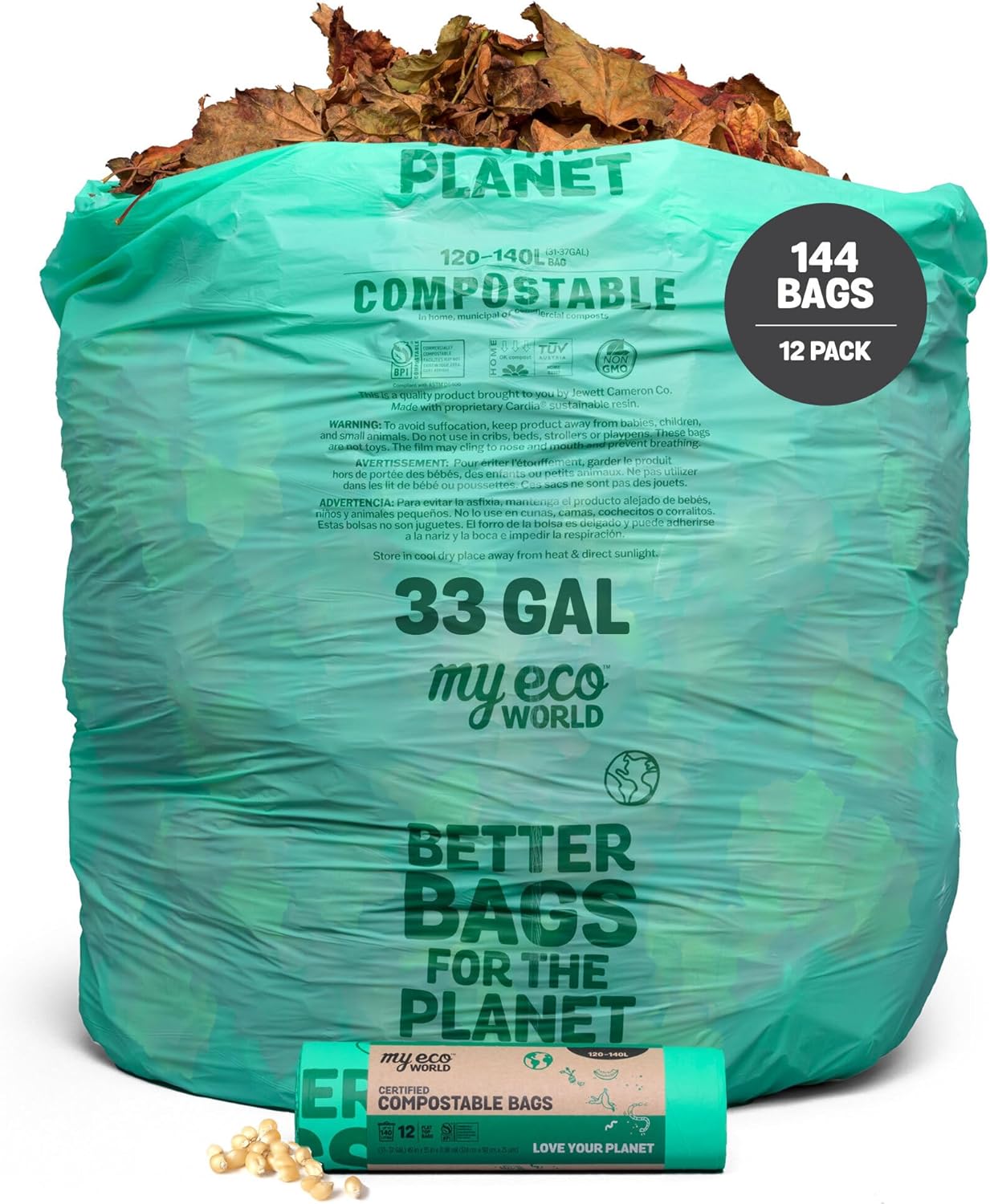 MyEcoWorld® Compostable Yard and Kitchen Waste Bags - 144 Count - 100% Certified Compostable - 33 Gallon - Super Strong - Waterproof - Unscented - Easy to Open