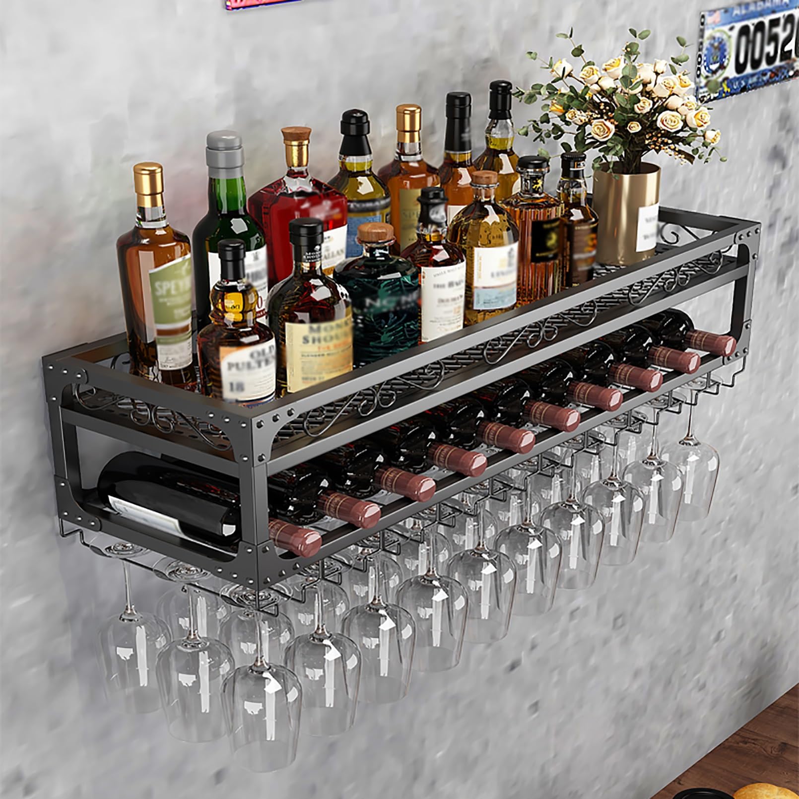 Support en métal pour bouteilles de vin et verres, étagère flottante premium