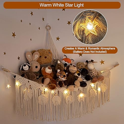 Miniatura 9 de ANROYE Almacenamiento de animales de peluche de macramé con luz de estrella, hamaca azul oso para decoración de habitación de niñas, organizador de
