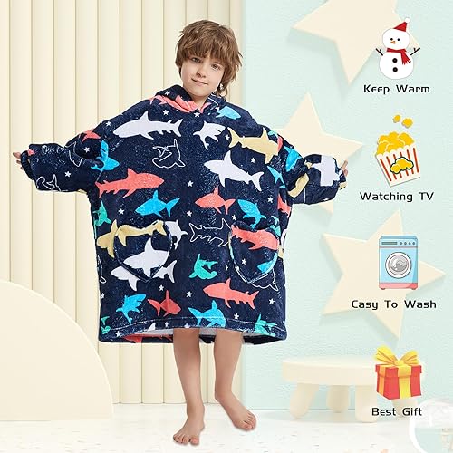 Miniatura 2 de Wearable Blanket Hoodie for Kids Oversized Sherpa Blanket Hoodie for Kids Boys Girls Teens 6-13YR,Navy Shark