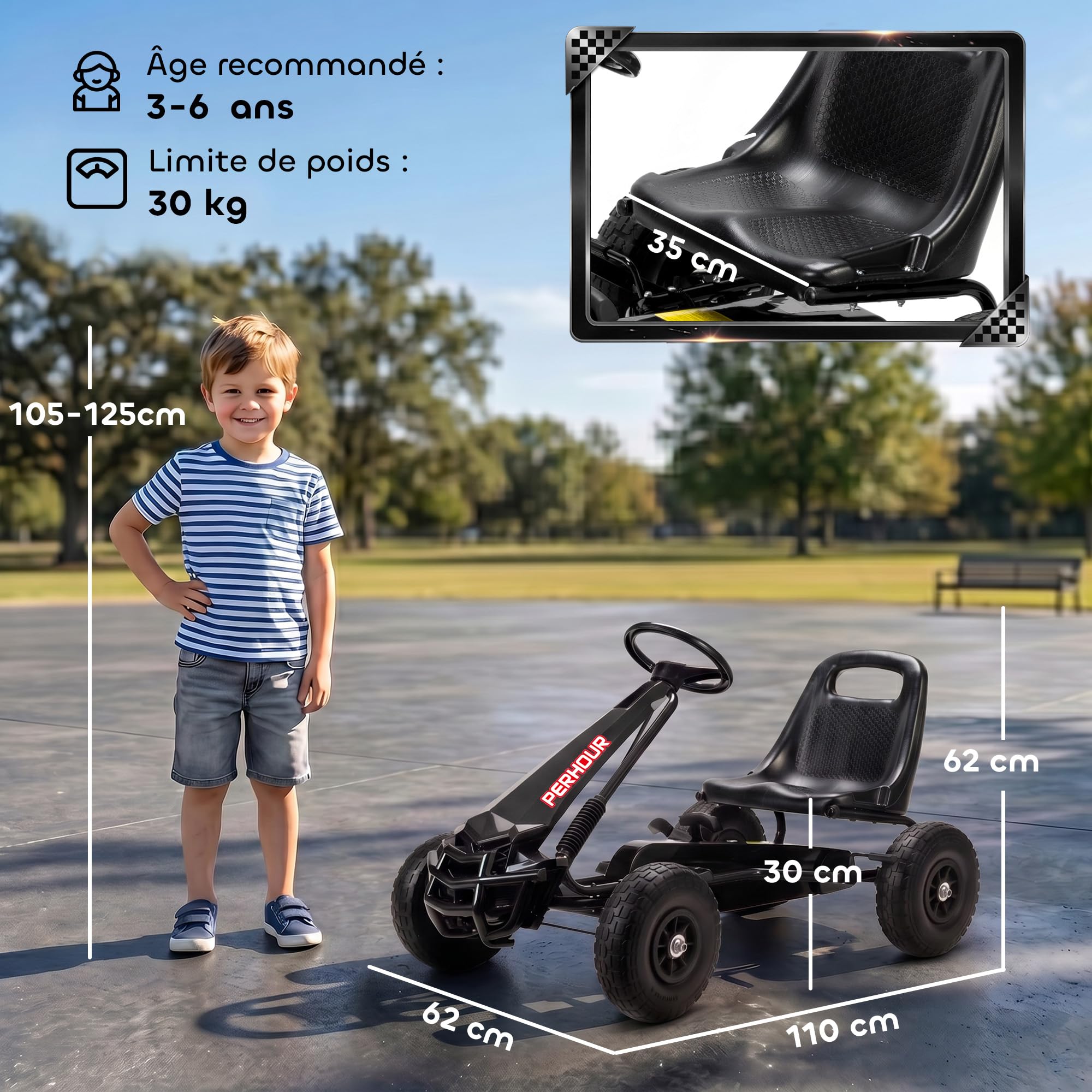 AIYAPLAY gokart dla dzieci, regulowane siedzisko, paski EVA, ręczne sprzęgło i hamulec, pojazd schodowy dla chłopców i dziewcząt w wieku 3-8 lat, czarny