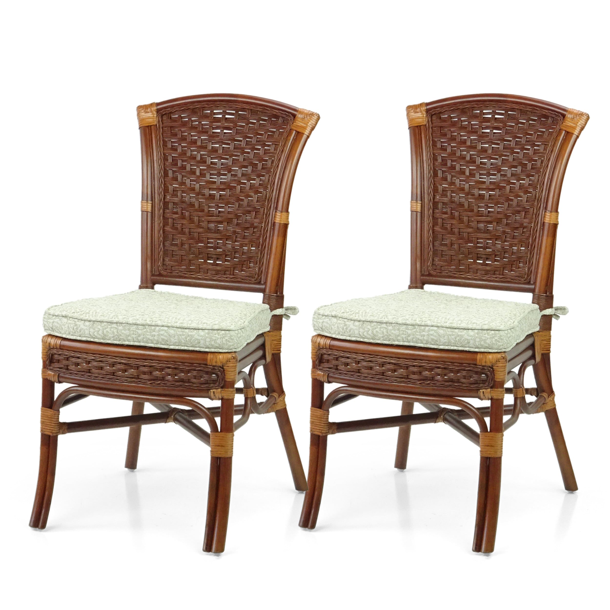 Set of 2 Alexa Dining Side Chairs Natural Rattan Wicker Handmade Design with Cushion, Dark Walnut Color