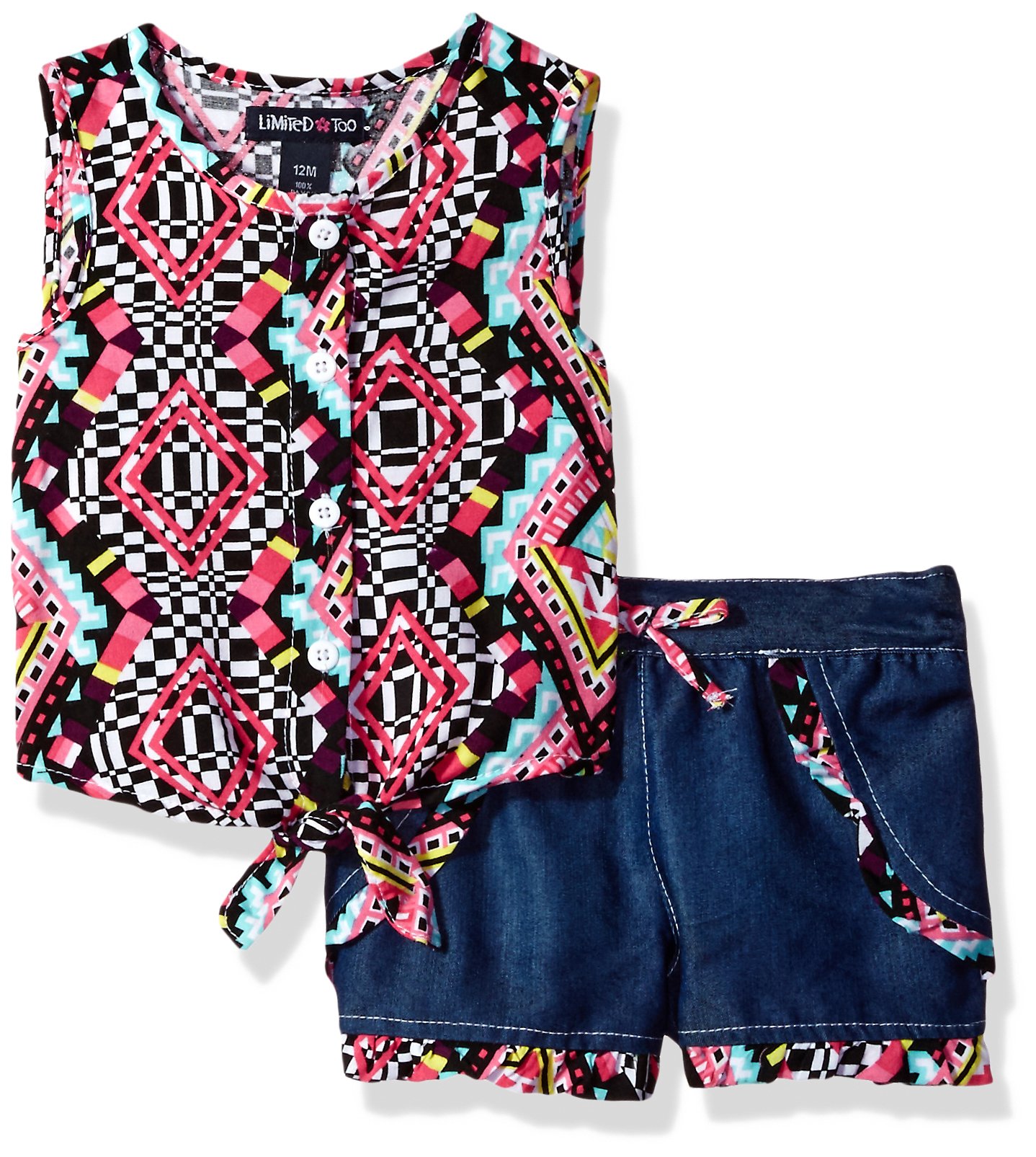 Limited Too Baby Girls' 2 Piece Printed Rayon Sleeveless Tie Hem Blouse and Flap Denim Short, Multi, 12M