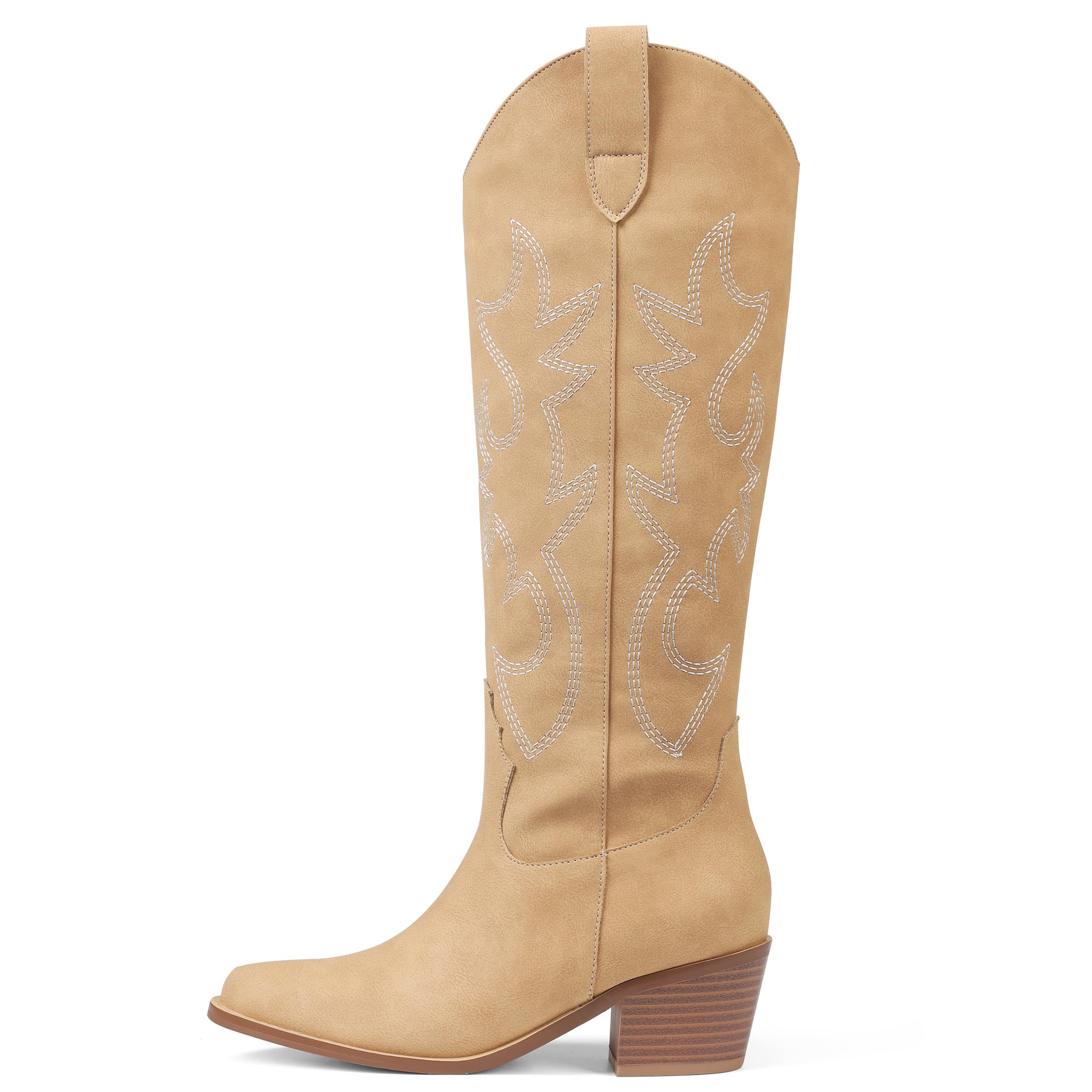 Erocalli White Cowgirl Boot Cowboy Boots for Women Embroidered Pull-On Chunky Stacked Heel Knee High Western Boots