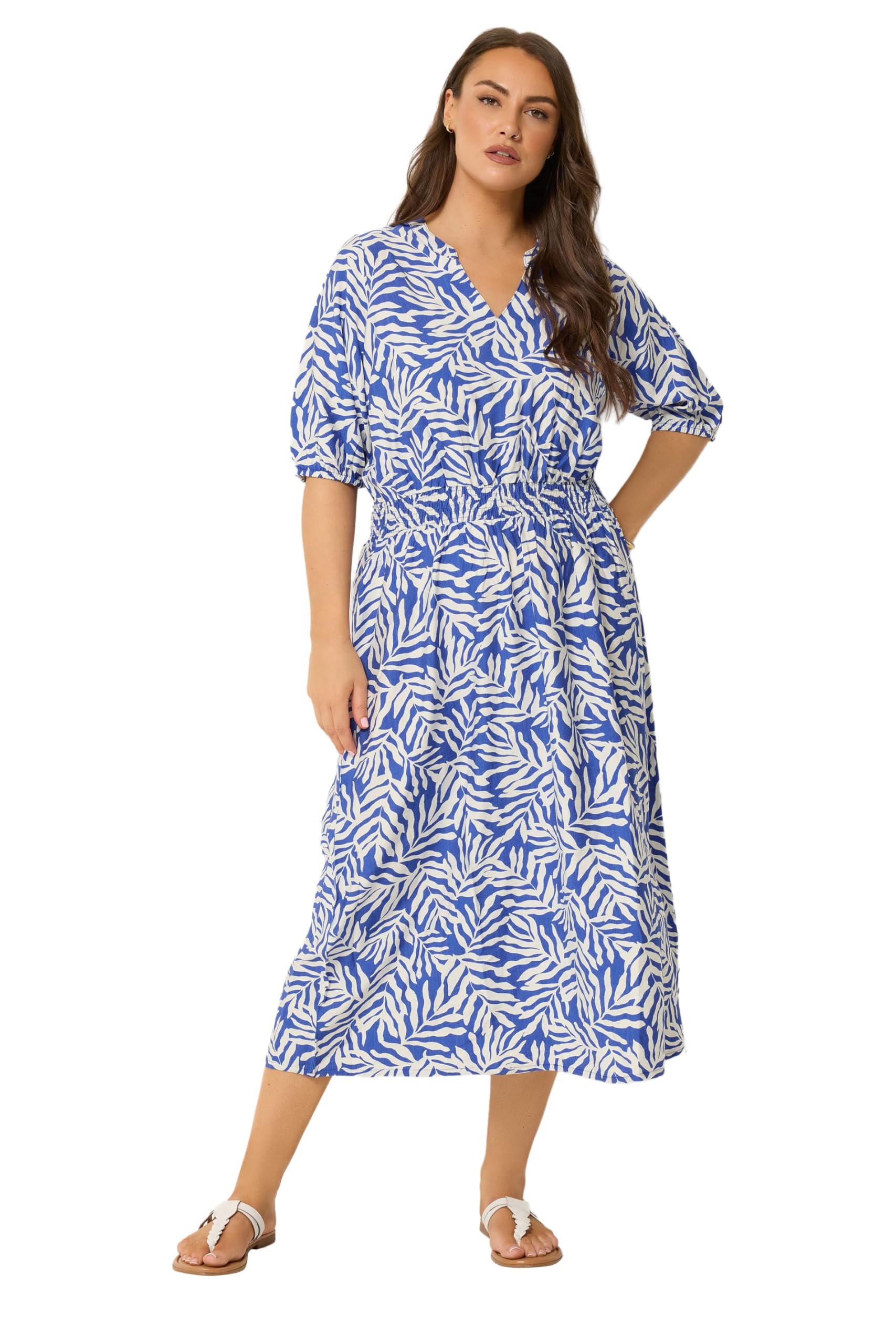 Yours Curve Blue Leaf Print Notch Neck Dress - Women's - Plus Size Curve