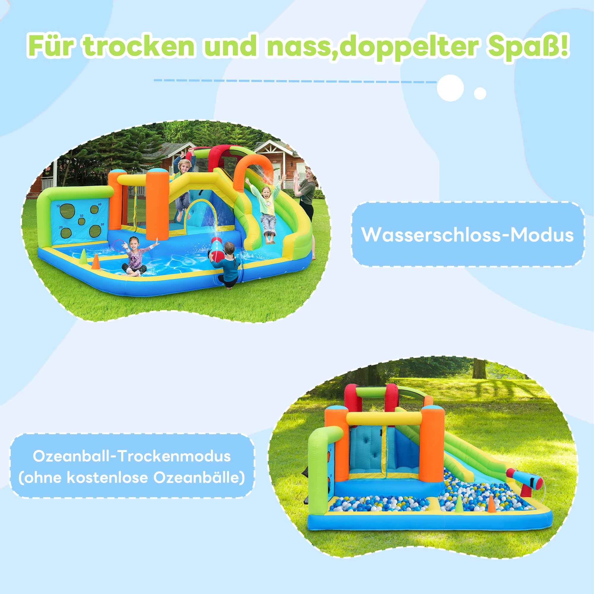 Castillo hinchable XXL con tobogán acuático y trampolín, parque acuático para niños con piscina infantil, pared de escalada, pistolas de agua, soplador de 450 W, 410 x 315 x 203 cm, jardín/interior, a