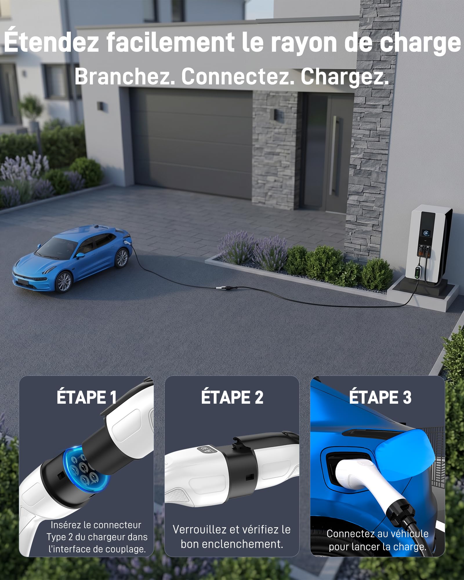 Câble de Rallonge Type 2 (32 A, 7,4 KW, 5 m, Monophasé) - Câble d'Extension Compatible avec Les Chargeurs, Wallboxes et Bornes de Recharge pour Véhicules Électriques (VE) et Hybrides (PHEV)