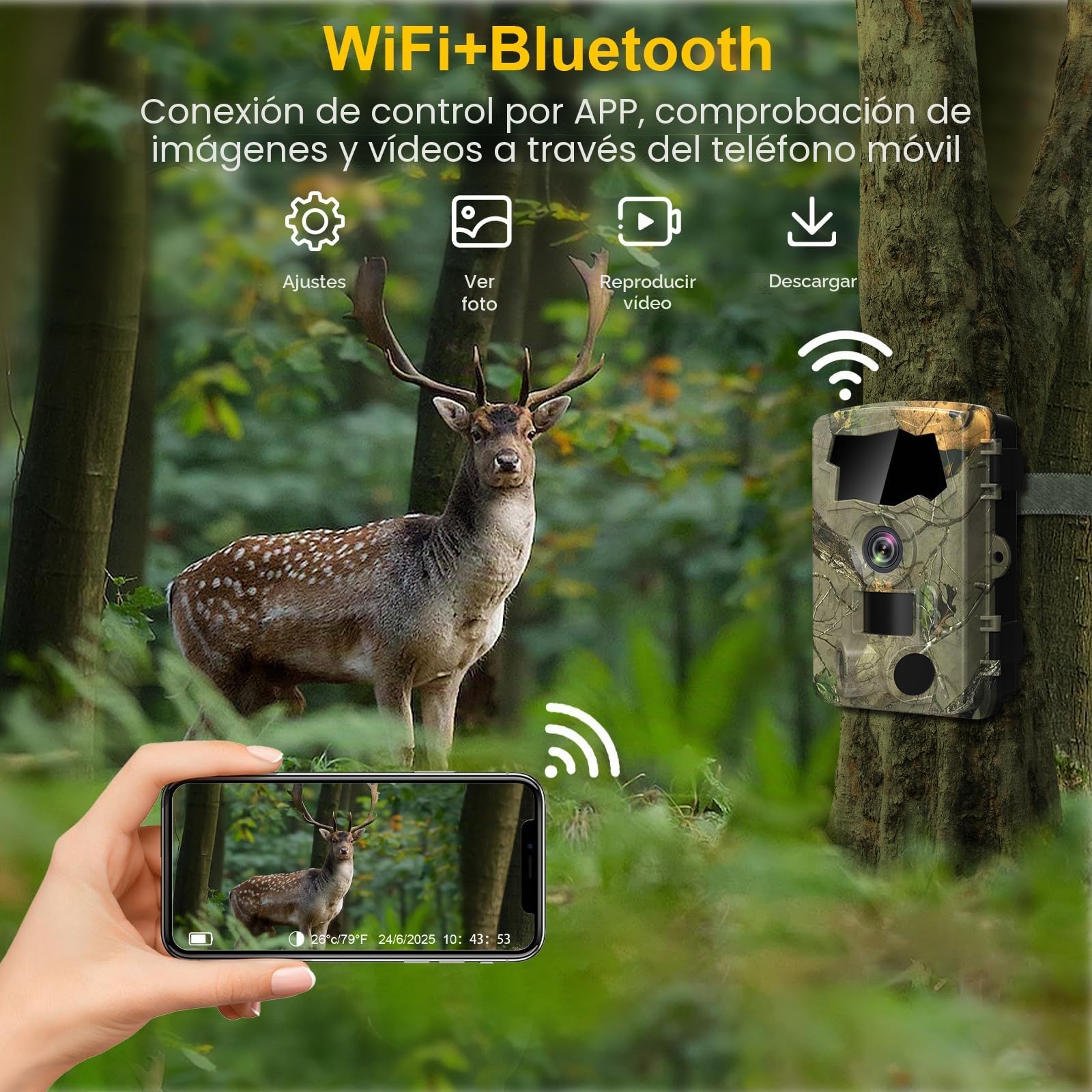 Lutranstra Cámara de Caza 5K WiFi, cámara de Vida Silvestre Full HD de 64MP con aplicación de transmisión a móvil, cámara de Infrarrojos para Animales Salvajes con Tarjeta SD de 32G y baterías 8*AA