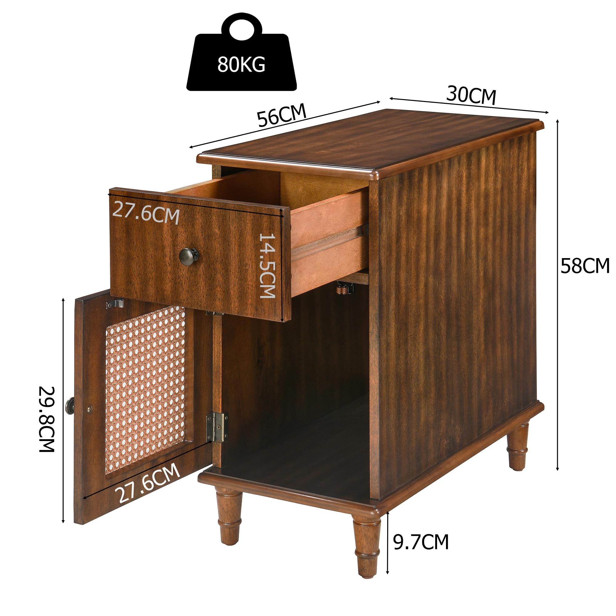 PADMA HOUSE Slanke houten rotan bijzettafel met lade en deur, vintage klein nachtkastje met opbergruimte, smalle sofa tafel nachtkastje voor kleine ruimtes, woonkamer, slaapkamer-walnoot (walnoot 2
