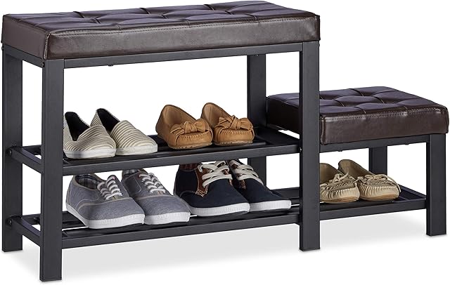 Relaxdays Shoe Bench with Footstool, Comfortable Seat Padding, 2 Tiers, Shoe Rack for Kids, HWD: 50 x 90 x 20 cm, Brown