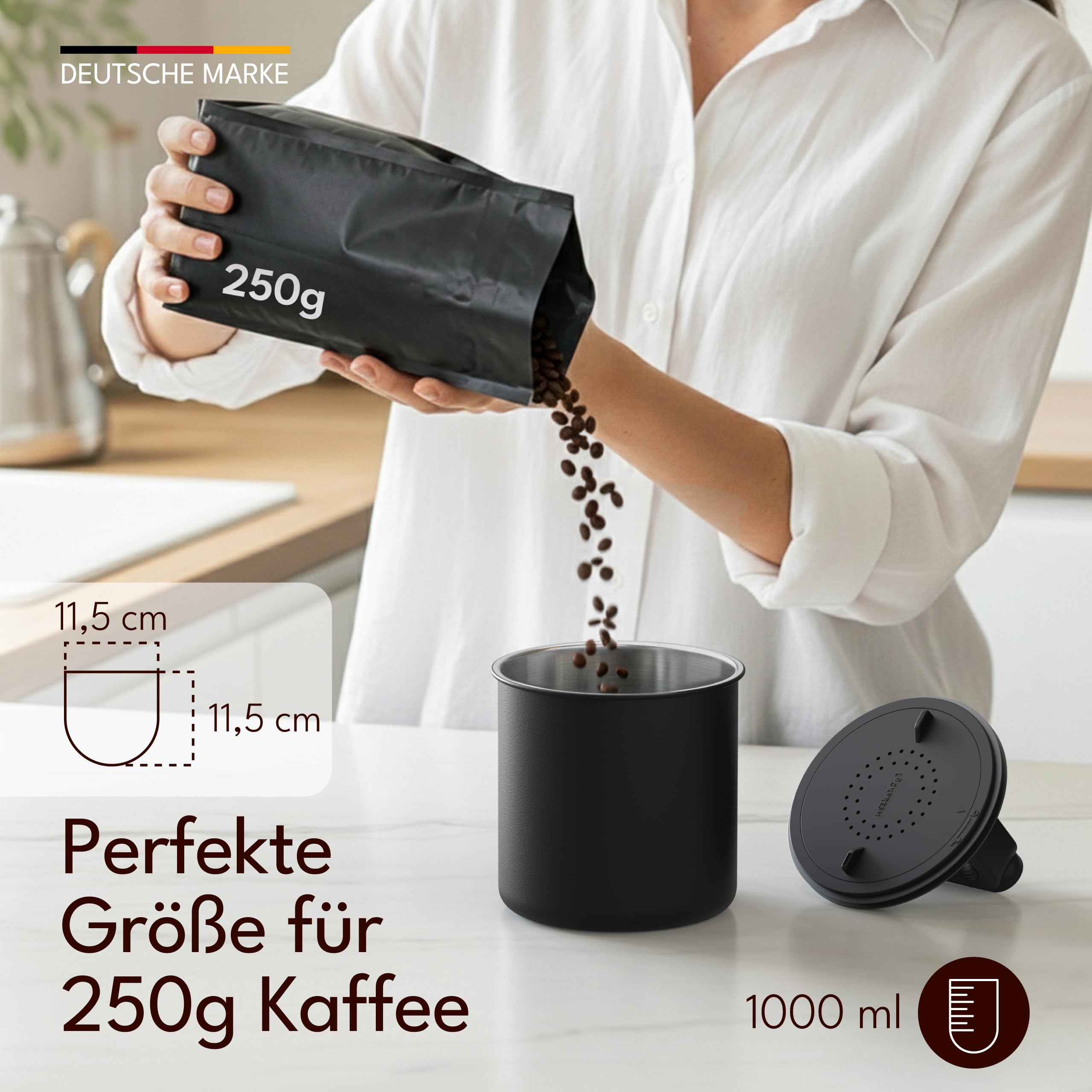 KC Kitchen & Co. Hermetyczny pojemnik na kawę, 250 g, słoik do przechowywania ze stali nierdzewnej z pokrywką próżniową i uszczelką zapachową, słoik do przechowywania kawy, herbaty, cukru, płatków