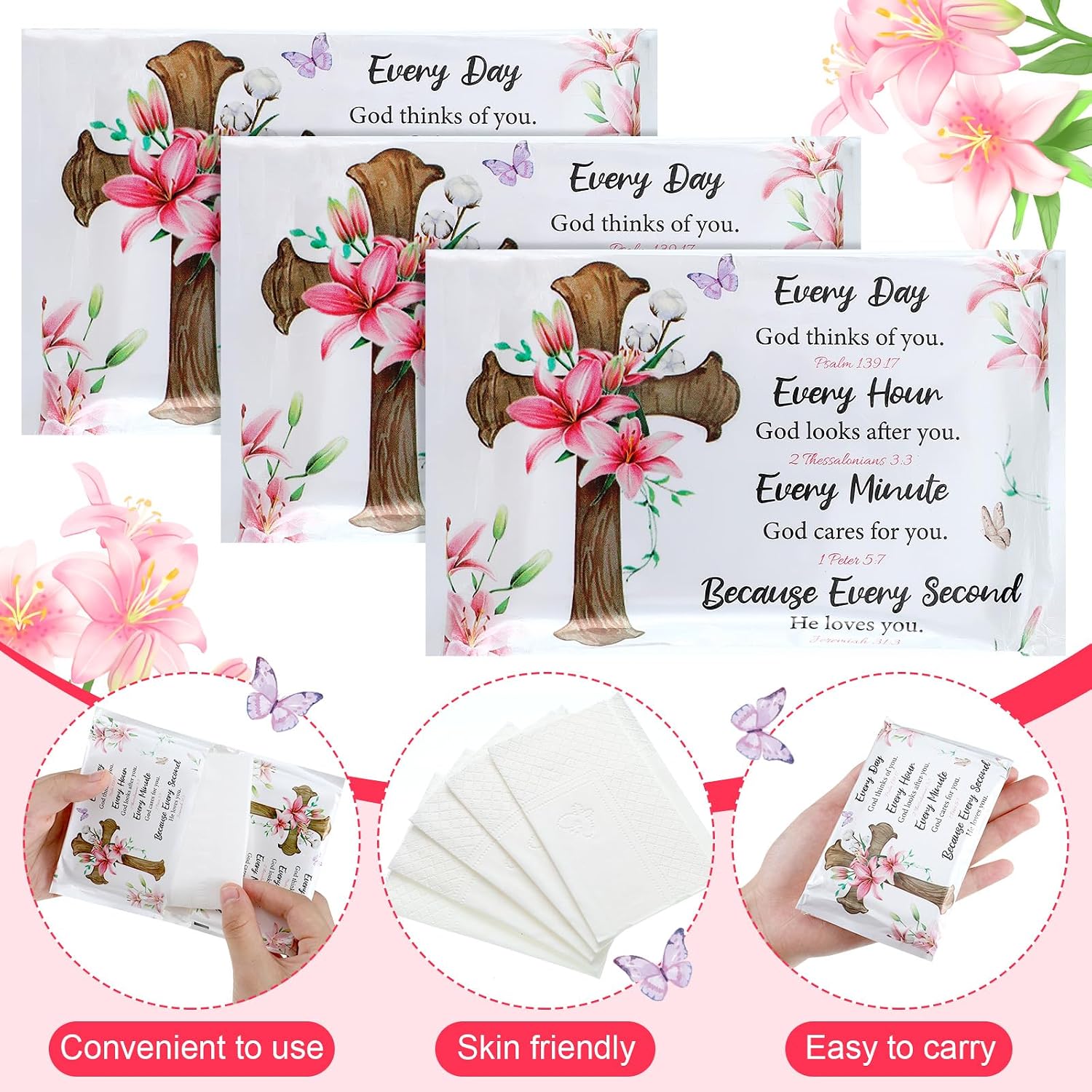 PerKoop 100 Pack Tissues Travel Size Disposable Pocket Facial Tissues Bulk, 3 Ply, Easter Spring Travel Wedding Guest School Wallet Purse Home Supplies(White Bible Cross)