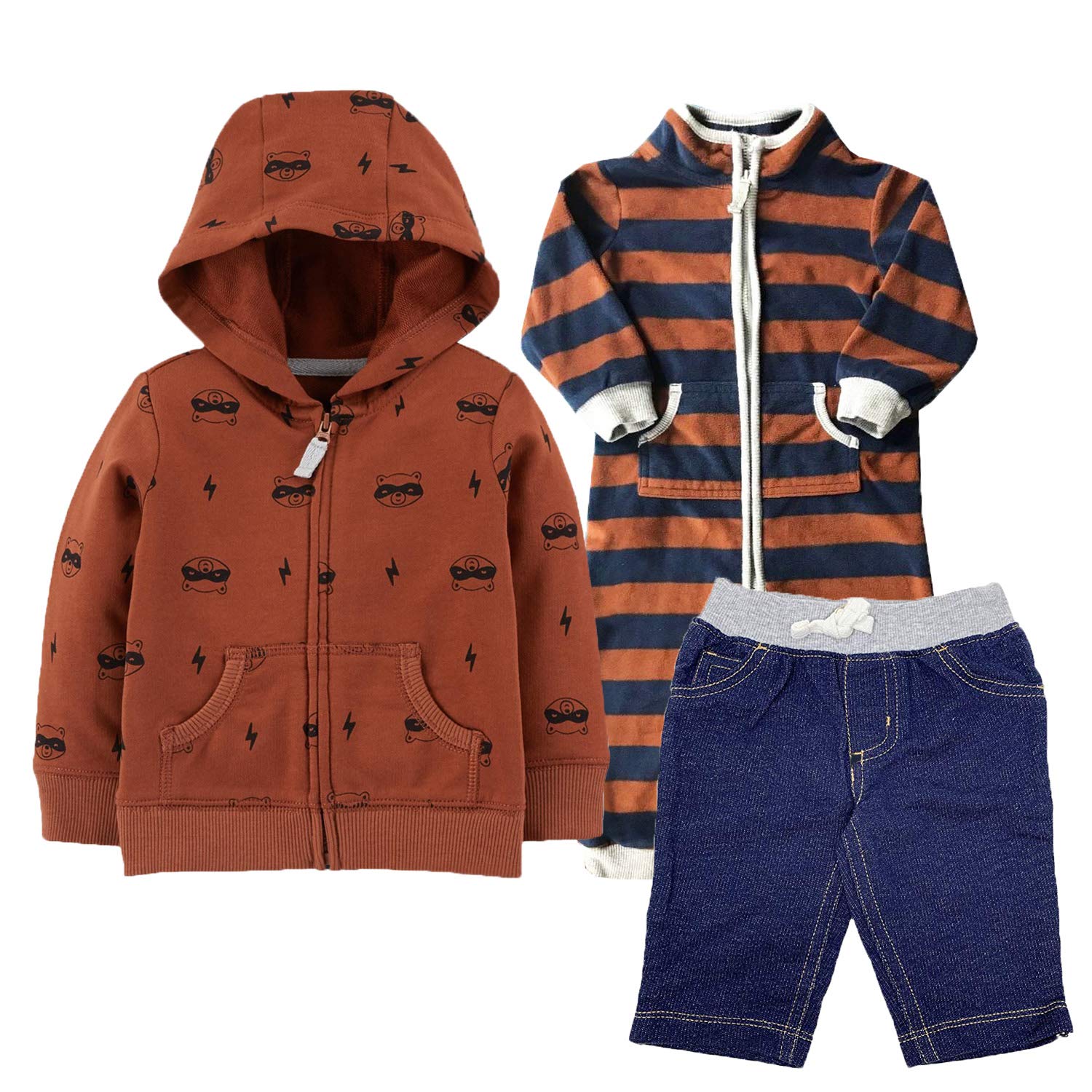 Carter's Baby Boy's 3-Piece Hoodie Set (Raccoon/Brown/Navy, 3 Months)