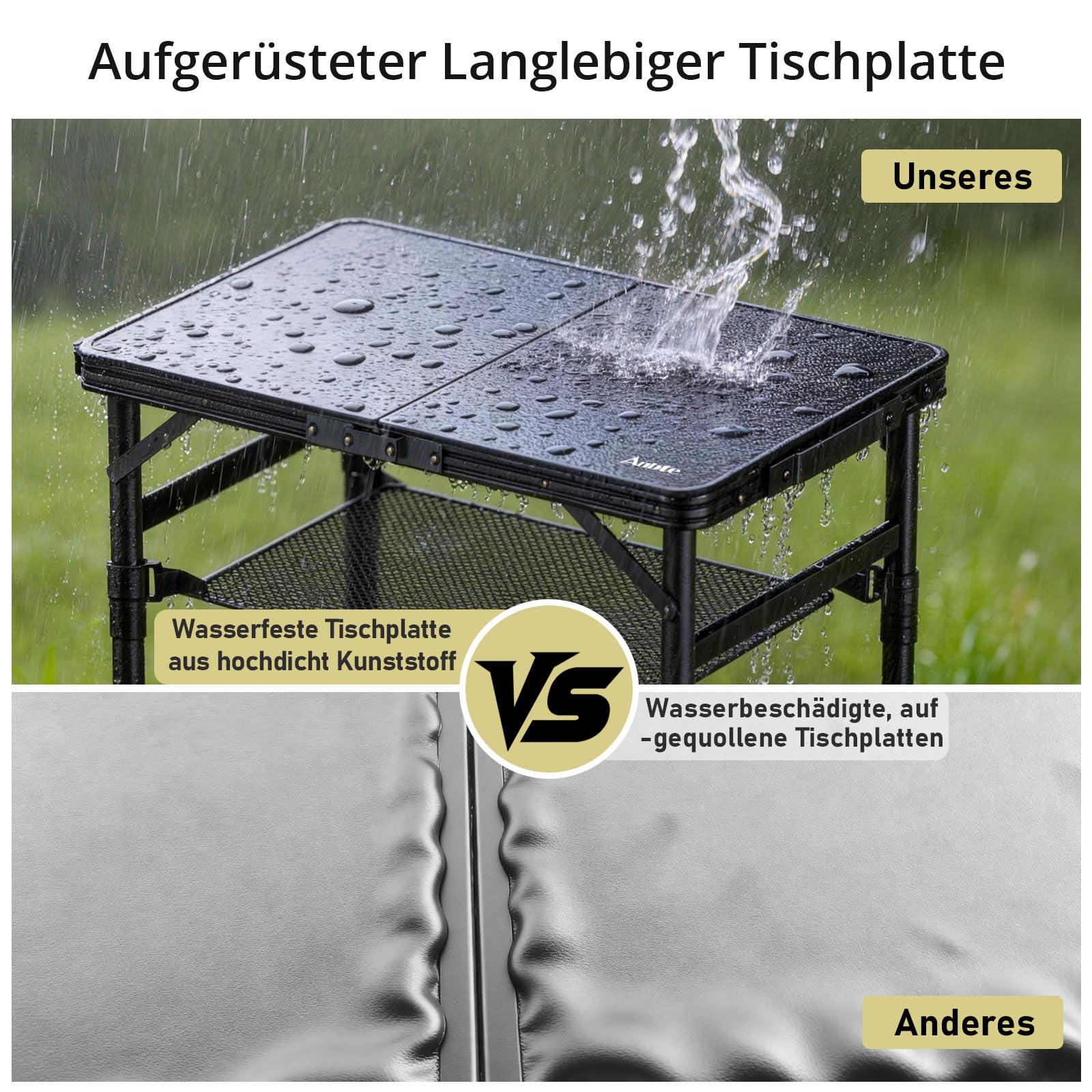 Anbte Campingtisch Klappbar 58x40cm Aluminium-Rahmen & Kunststoff-Tischplatte mit 3 Höhen Verstellbar 26/48/70cm Picknicktisch mit Aufbewahrungsnetz Klapptisch für Garten Balkon (Ganz Schwarz)