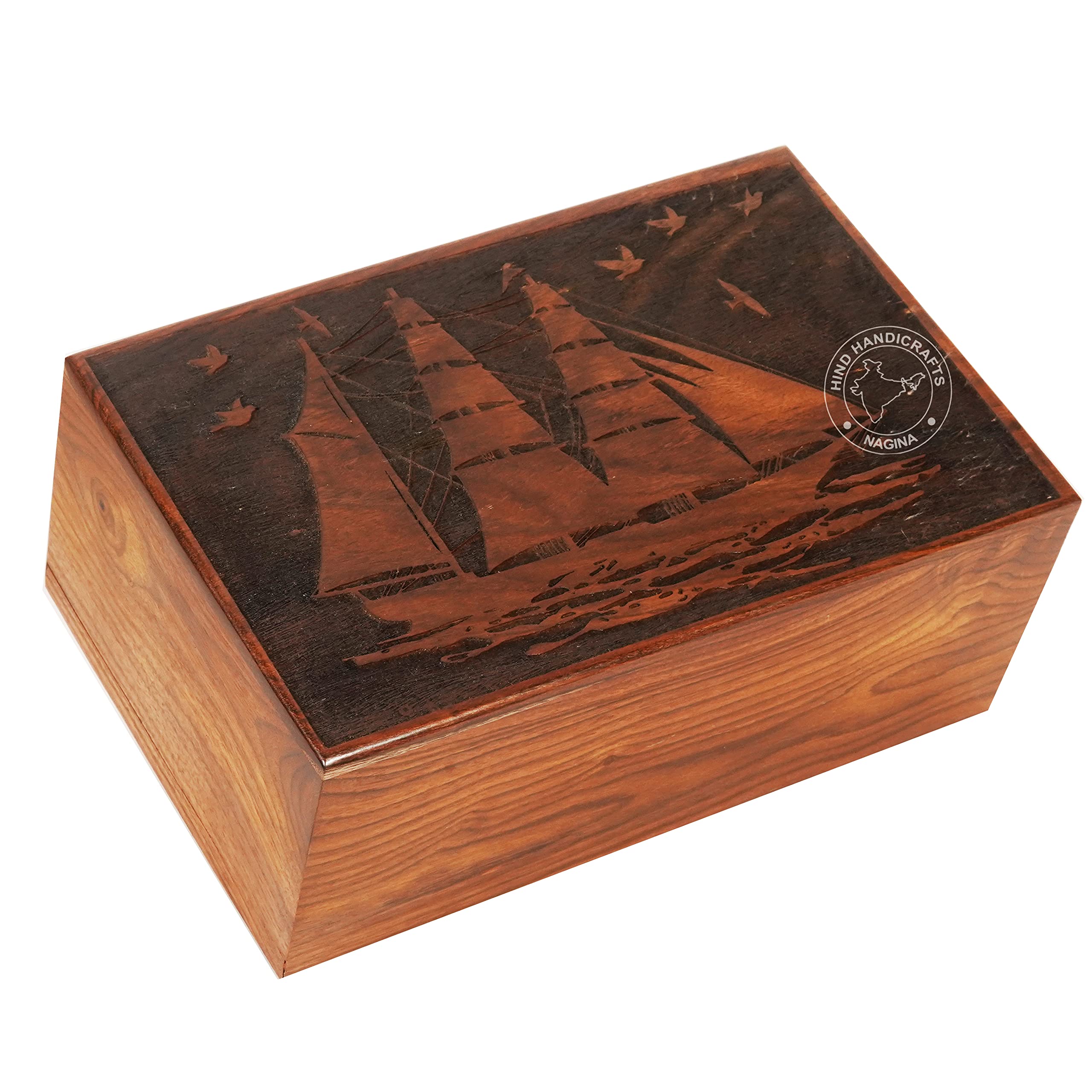 Hind Handicrafts Wooden Box Funeral Cremation Urns for Human Ashes Adult Large - Burial Urns for Columbarium - Tree of Life Flying Bird (250 Cubic Inches, Yatch Ship) — image 1