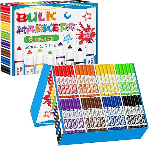 Marcadores lavables a granel, 160 unidades, 8 colores surtidos, marcadores para colorear para niños, punta cónica de línea ancha, suministros de