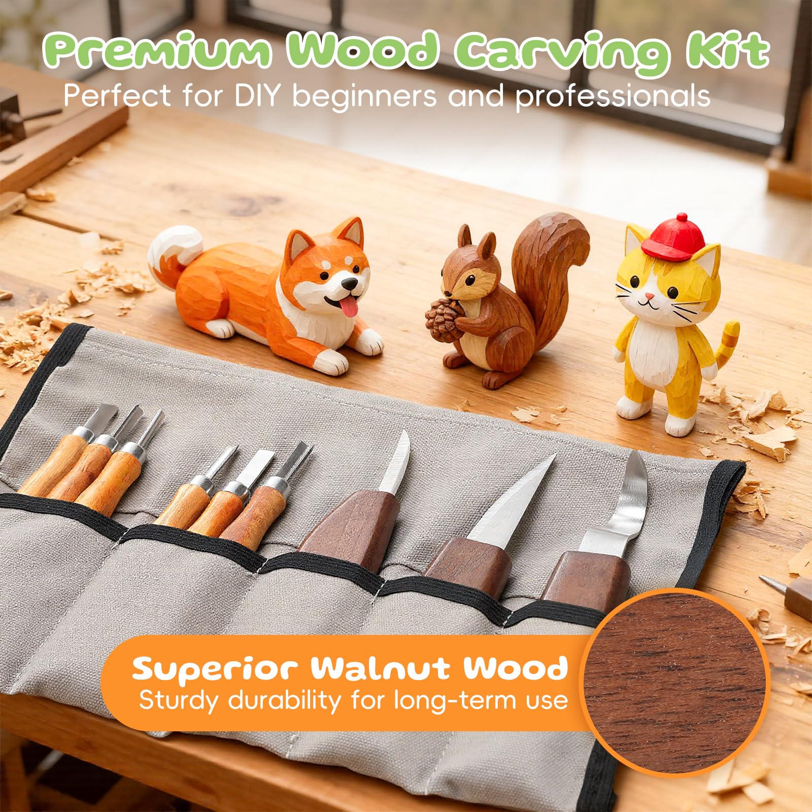 Housolution Kit de Tallado en Madera con Bolsa de Transporte，29PCS Incluye Cuchillos, Cinceles, Bloques de Tilo y Guantes, Herramientas de Carpintería para Principiantes y Aficionados al Bricolaje