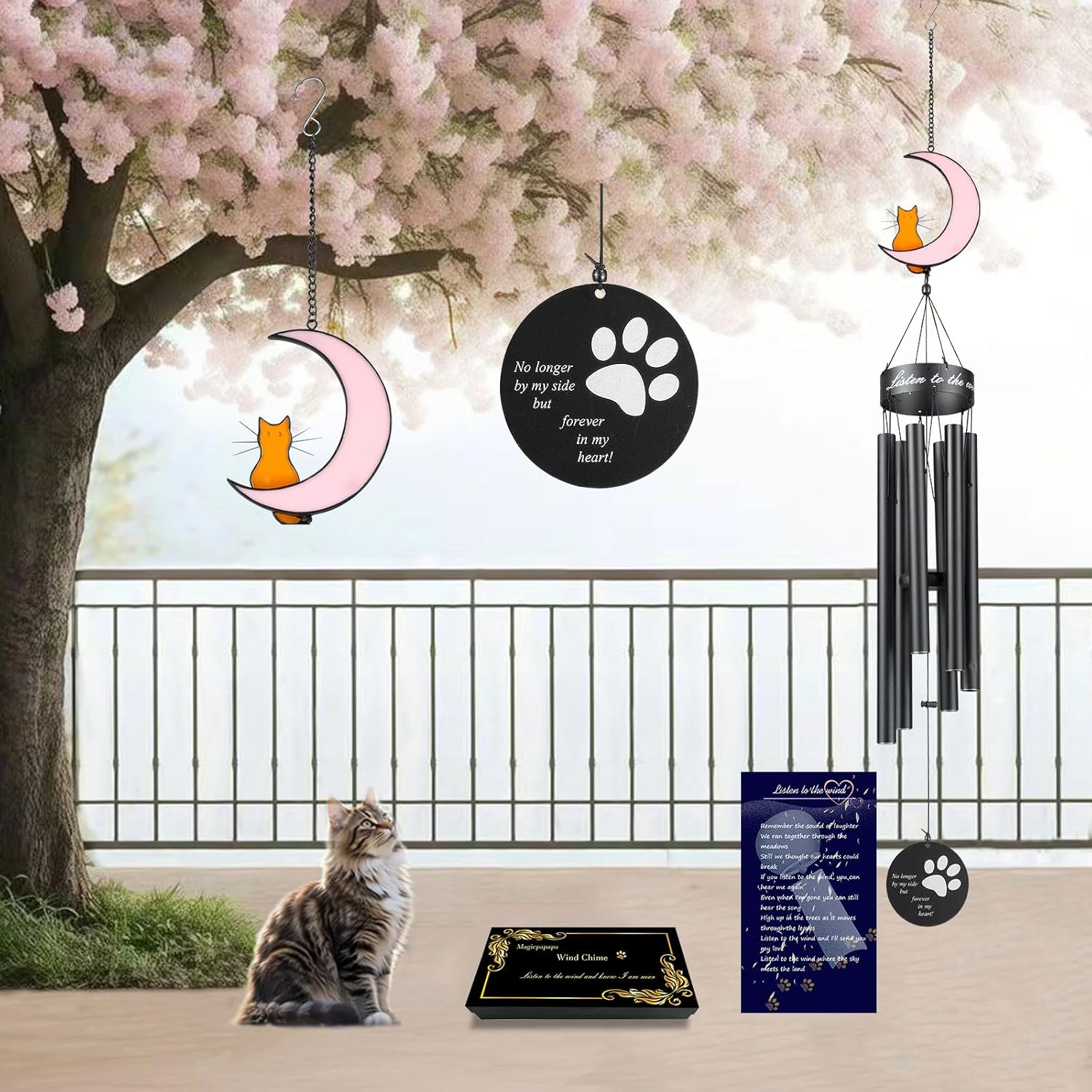 Magicpapapa Cat on Moon 2IN1 Wind Chime 43Inch Music Metal Wind Bell Tube Garden Decor Pink