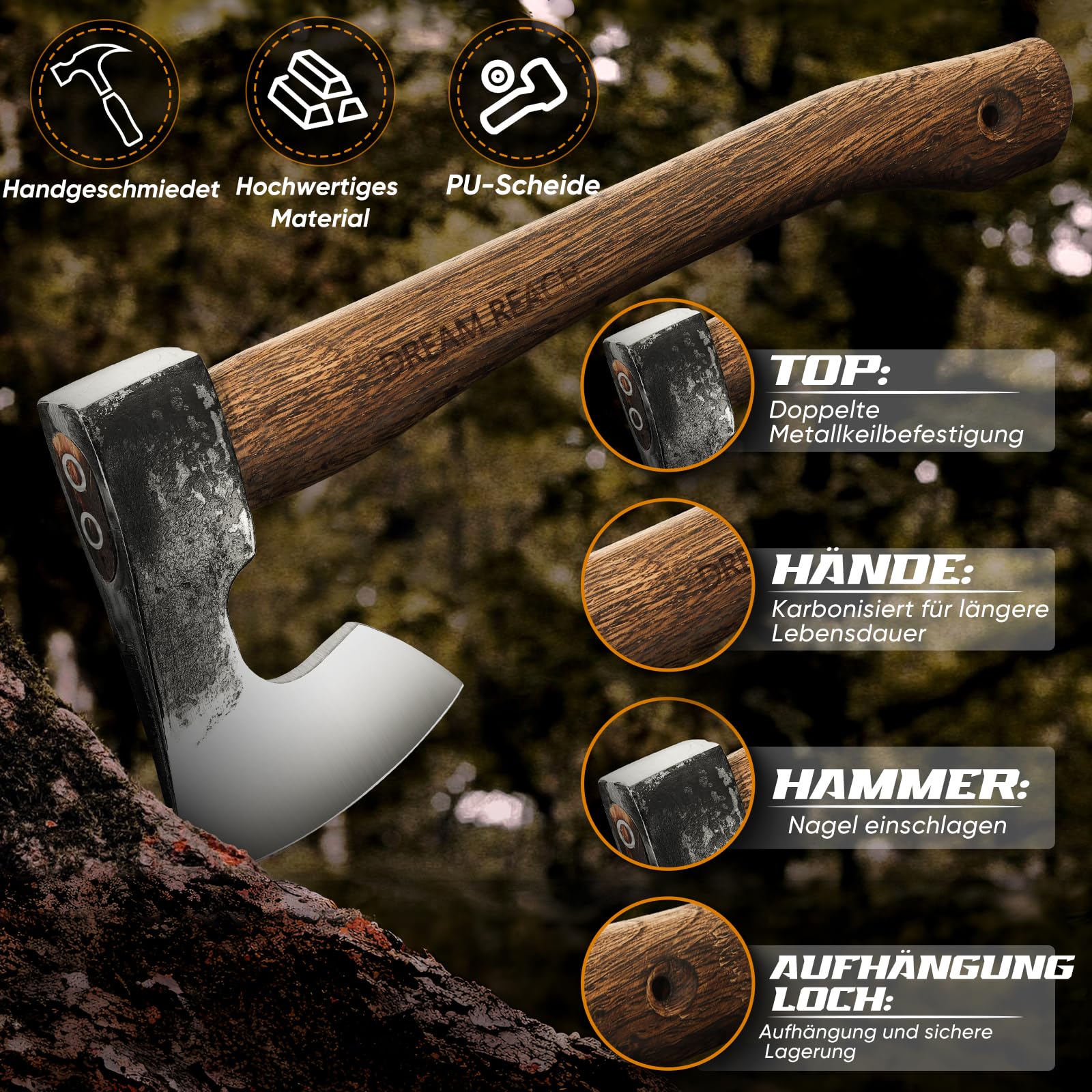 Dream Reach Beil Axt Wikinger - Handgeschmiedet Outdoor Survival Axt mit Leder Holster Carbonisierte Holzgriff für Camping und Wandern Geschenke für Männer Papa