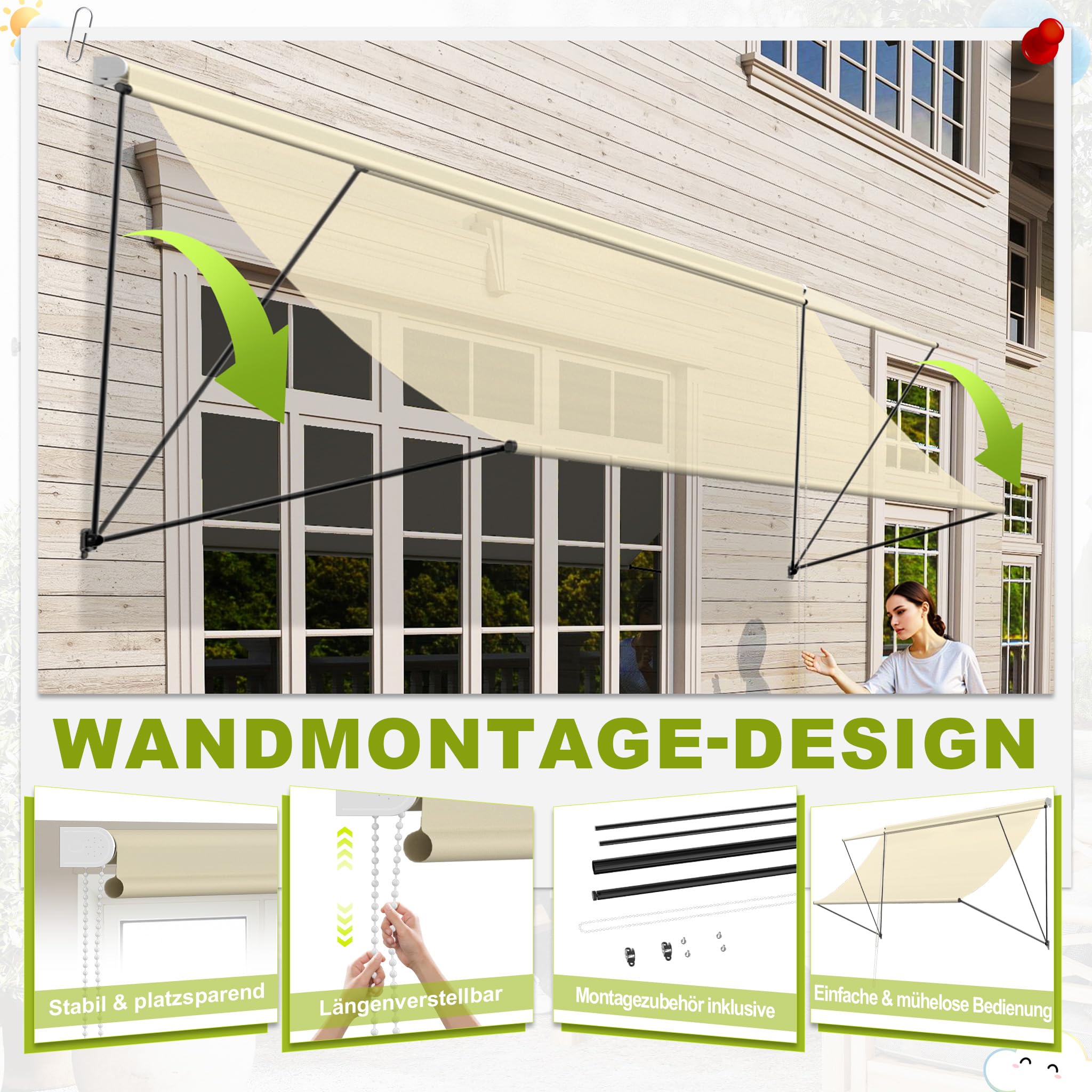 Aufun Tenda da sole retrattile, tenda da sole per finestra, con cordoncino e asta di supporto in alluminio, per terrazza, balcone, giardino, beige, 400 x 145 cm
