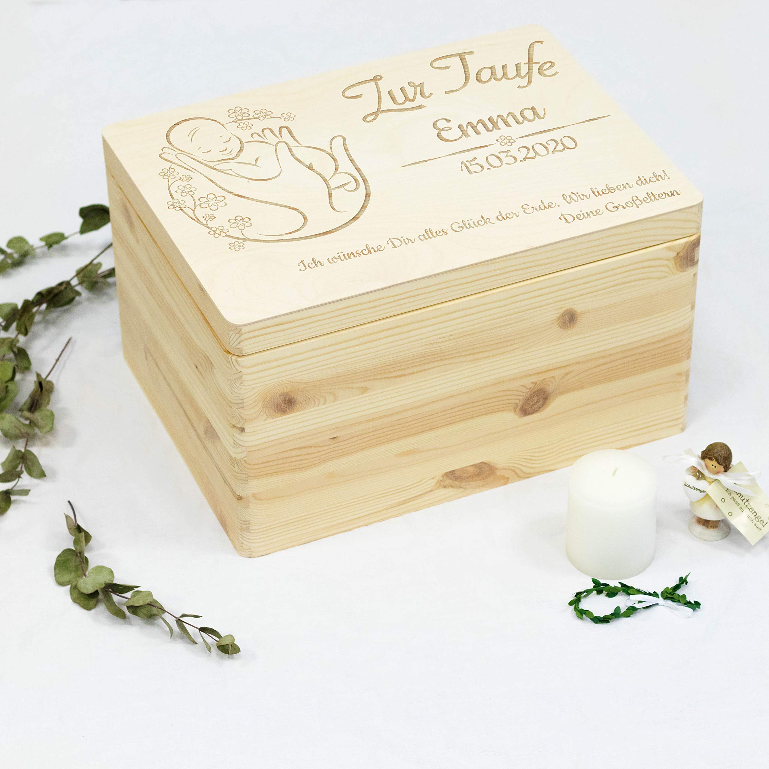 LAUBLUST Holzkiste mit Gravur - Personalisiert mit Name | Datum | WIDMUNG - Natur Größe XL - Blumenbaby Motiv - Geschenkkiste zur Taufe - FSC®