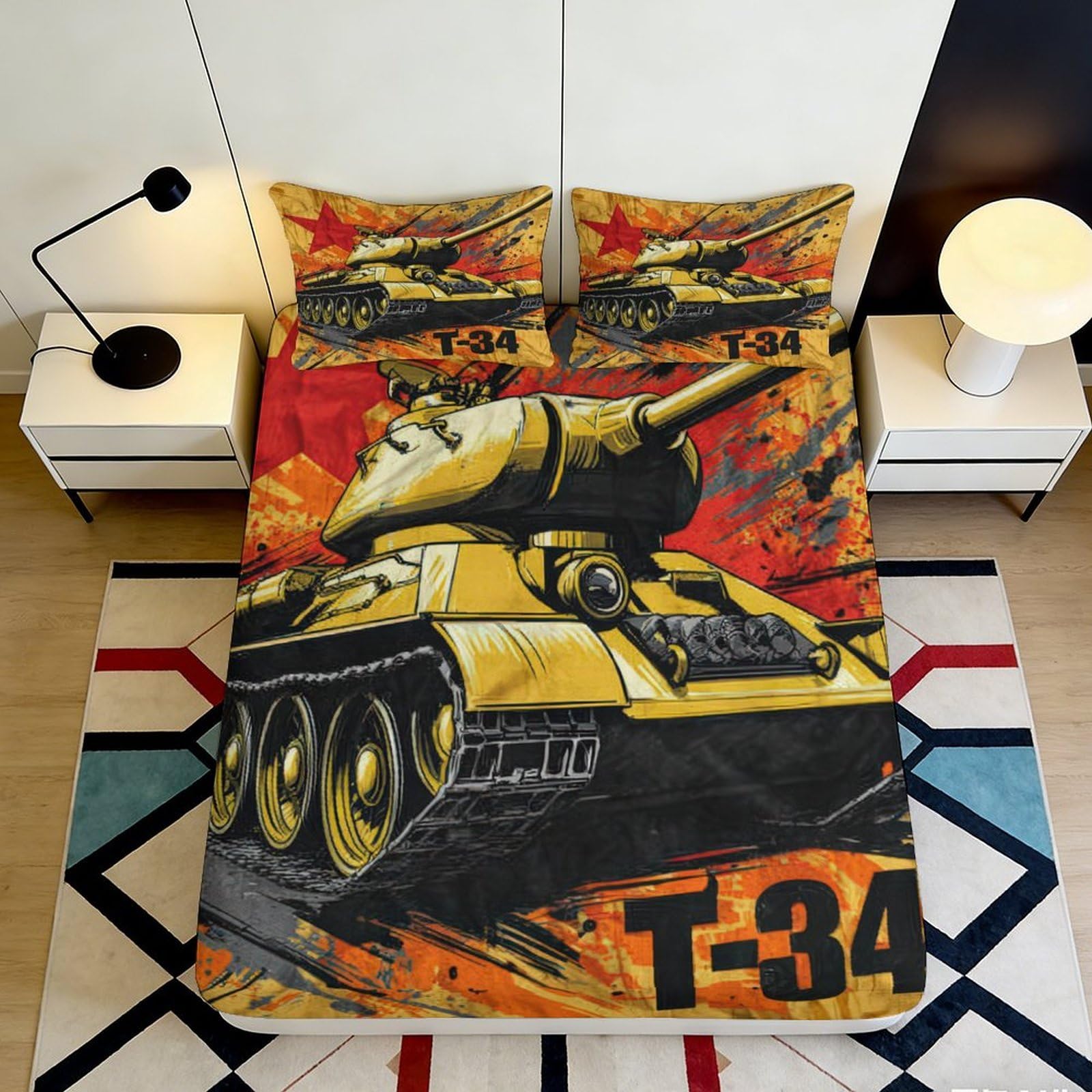 3D Printed Tank Battle Fitted Sheet Microfiber Orange Black Camouflage Art Bed Sheet for Bedroom Dorm Mattress Cover Decor 90x200x25cm