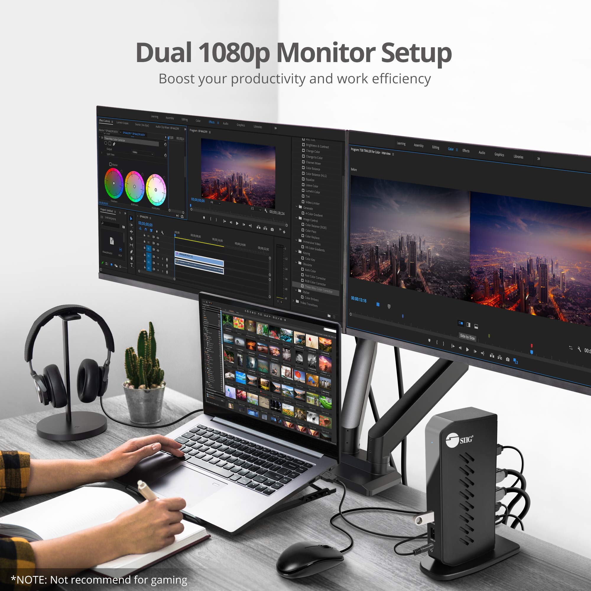 SIIG Estación de acoplamiento de video HDMI de doble cabezal 1080p, portátil USB 3.0, dos pantallas de 1080p, 2 puertos USB 3.0, 4 puertos USB 2.0, Gigabit Ethernet, auriculares de 3.5 mm, para