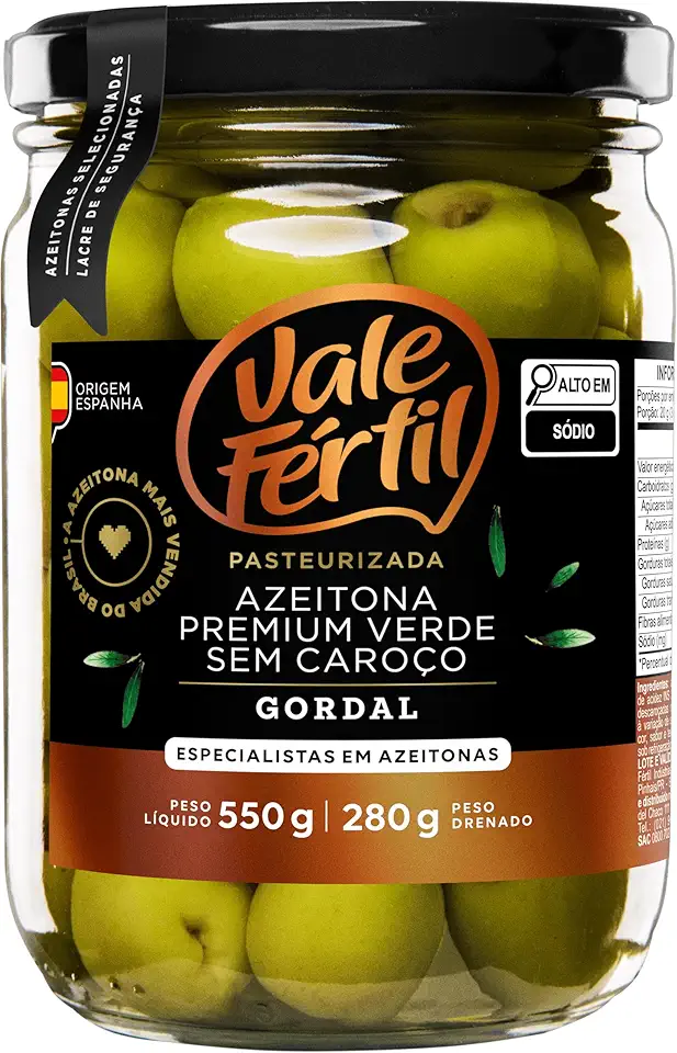 Azeitonas Verdes Premium Gordal Sem Caroço Vale Fértil Vidro 280g