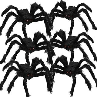 Gejoy 6 Pieces Hairy Spiders Fake Spiders Plush Spiders Realistic Spiders for Halloween Decorations Prank Props (Black Orange, Black White and Black (Black)