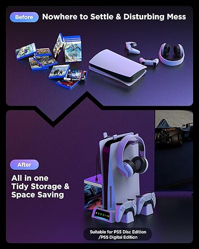 Miniatura 7 de YOGES Soporte y estación de refrigeración para PS5 con sensor de temperatura (fácil de usar), 2H Fast PS5 estación de carga de doble controlador,