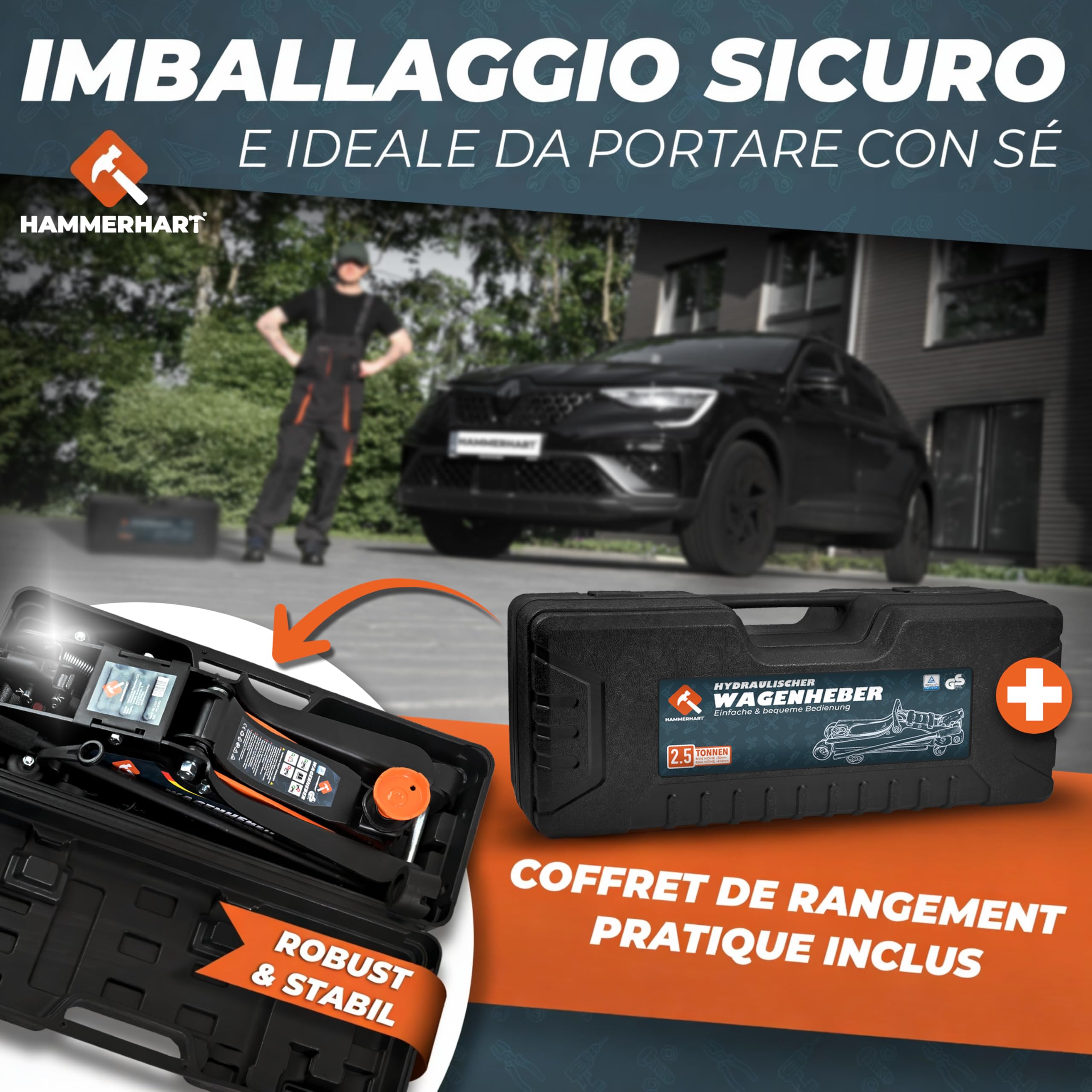 Cric per auto 2,5 tonnellate | Sollevatore auto certificato TÜV con altezza di sollevamento da 85 a 384 mm | Cric idraulico premium con ruote a 360° e doppio pistone | Cric supporti in gommae valigett