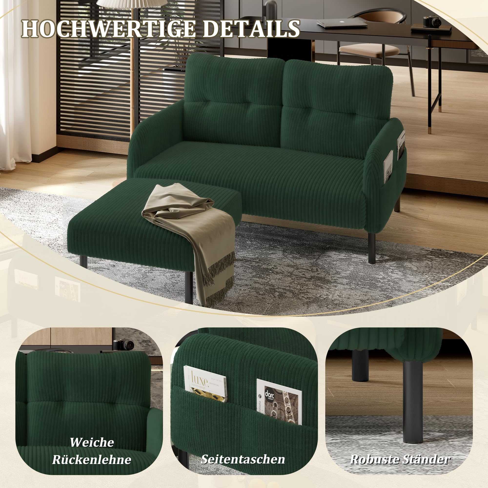 Divano singolo, adatto per soggiorno, camera da letto, tessuto in velluto, comoda profondità di seduta (verde smeraldo + 2 posti)