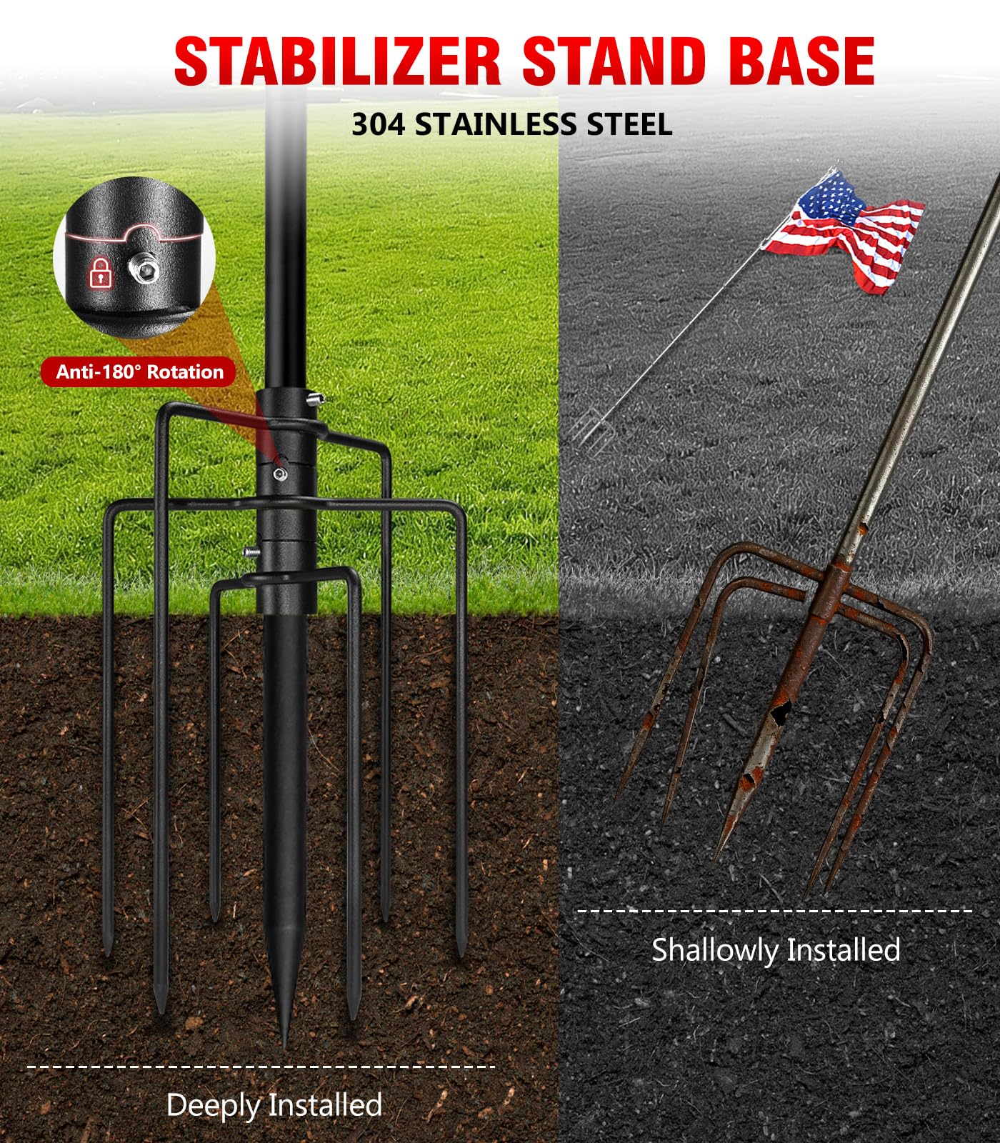 Mástil de bandera enterrado de acero inoxidable 304 con base de 7 puntas, poste de bandera enterrado extra grueso resistente, mástil de bandera de 1 pulgada para casa exterior, patio, jardín