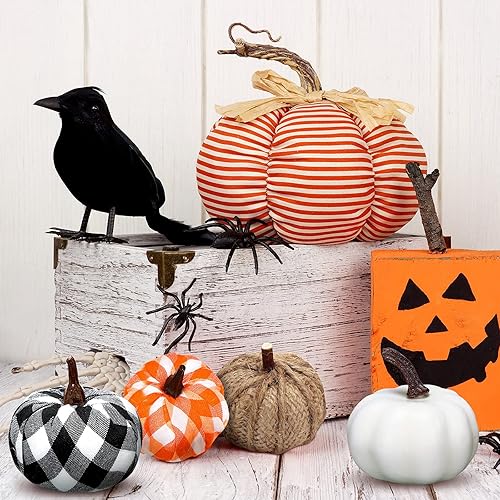 Miniatura 6 de Waydress 24 calabazas a cuadros de búfalo, decoración de calabaza de otoño, calabazas blancas y negras, tela de calabaza artificial, decoración de