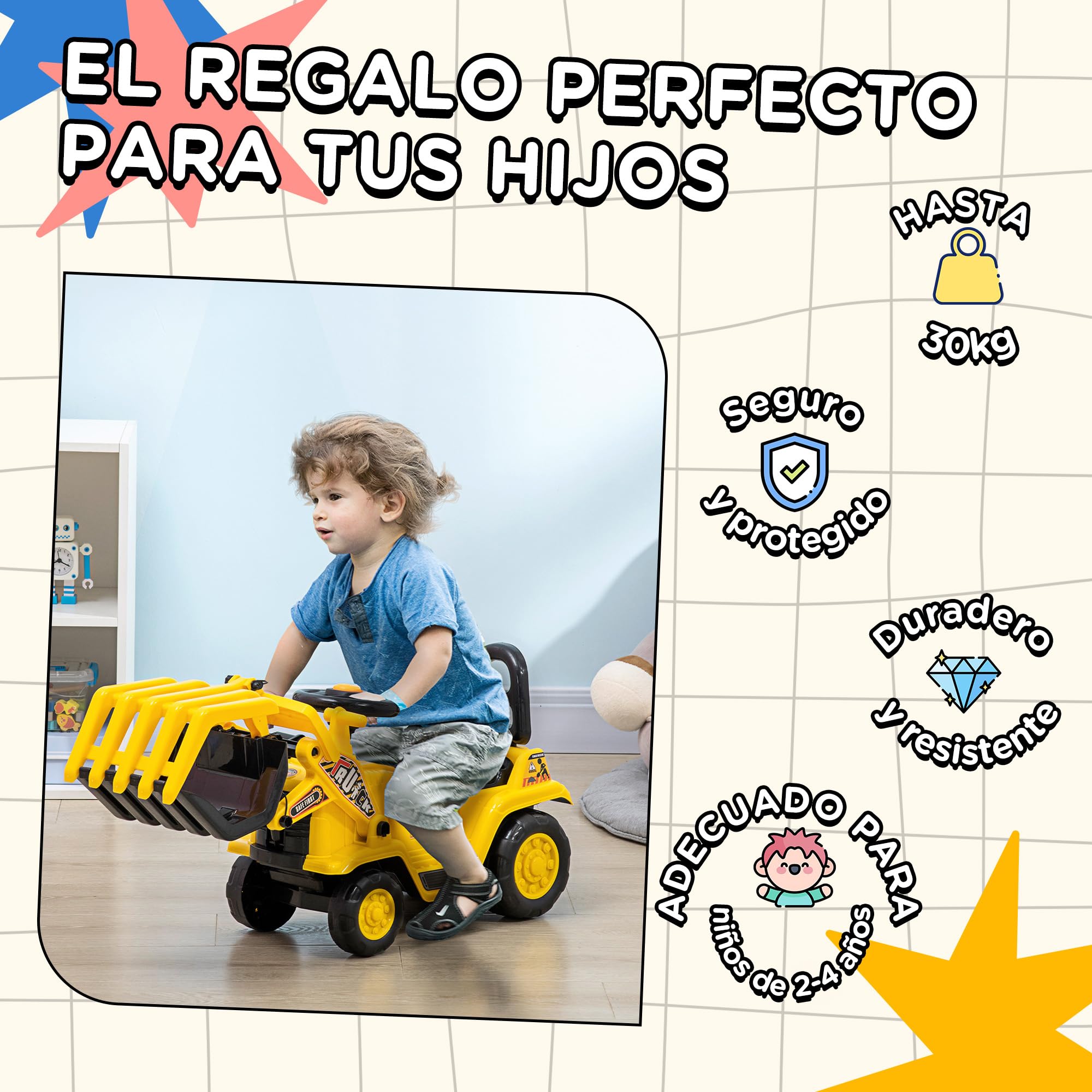 HOMCOM Tractor sin Pedales para Niños de +2 Años Excavadora Correpasillos Tractor Correpasillos con Pala Móvil Asiento de Almacenamiento y Bocina Carga 30 kg 83x27x39 cm Amarillo