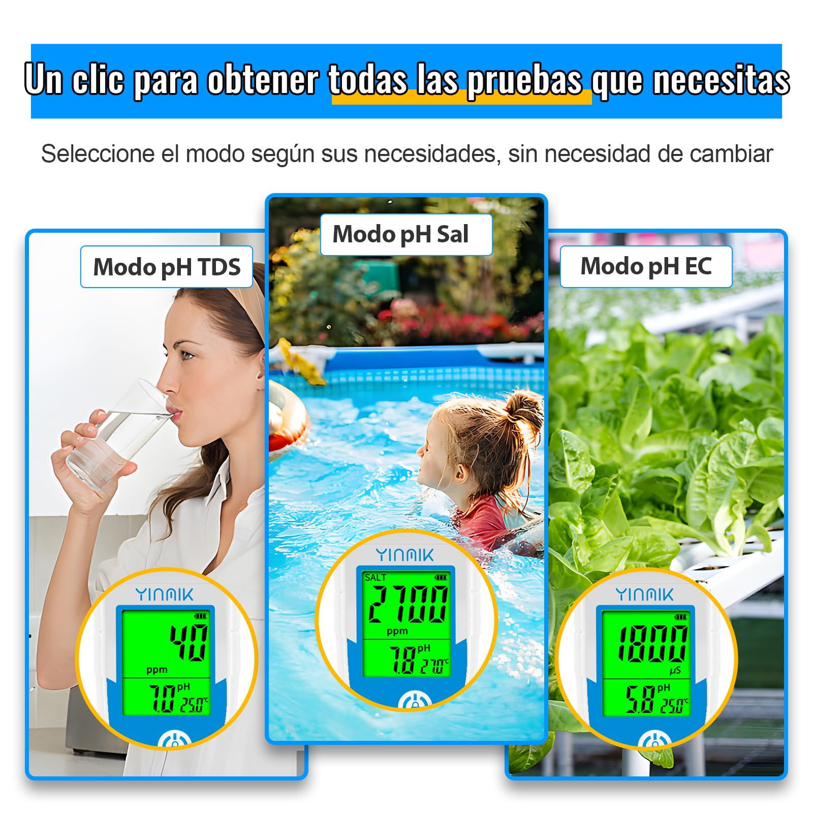YINMIK Piscinas Medidor de Salinidad Digital 5 en 1 | Medidor de pH TDS EC Sal con Solución Calibración pH Visualización Simultánea de Sal y pH para Piscina Acuarios Hidroponía