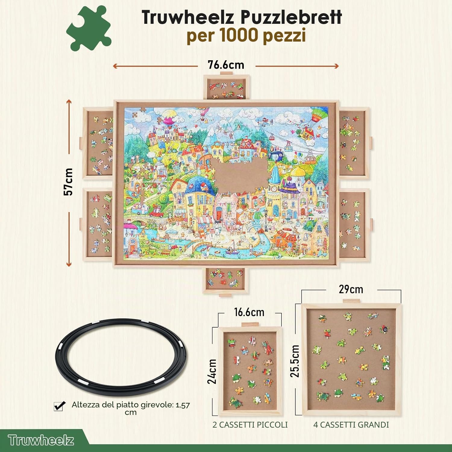 Puzzle rotante da 1000 pezzi, con 6 cassetti e copertura, 76,6 x 57 cm, tavolo puzzle portatile in legno per adulti, Lazy Susan Spinning Puzzle Boards Mama